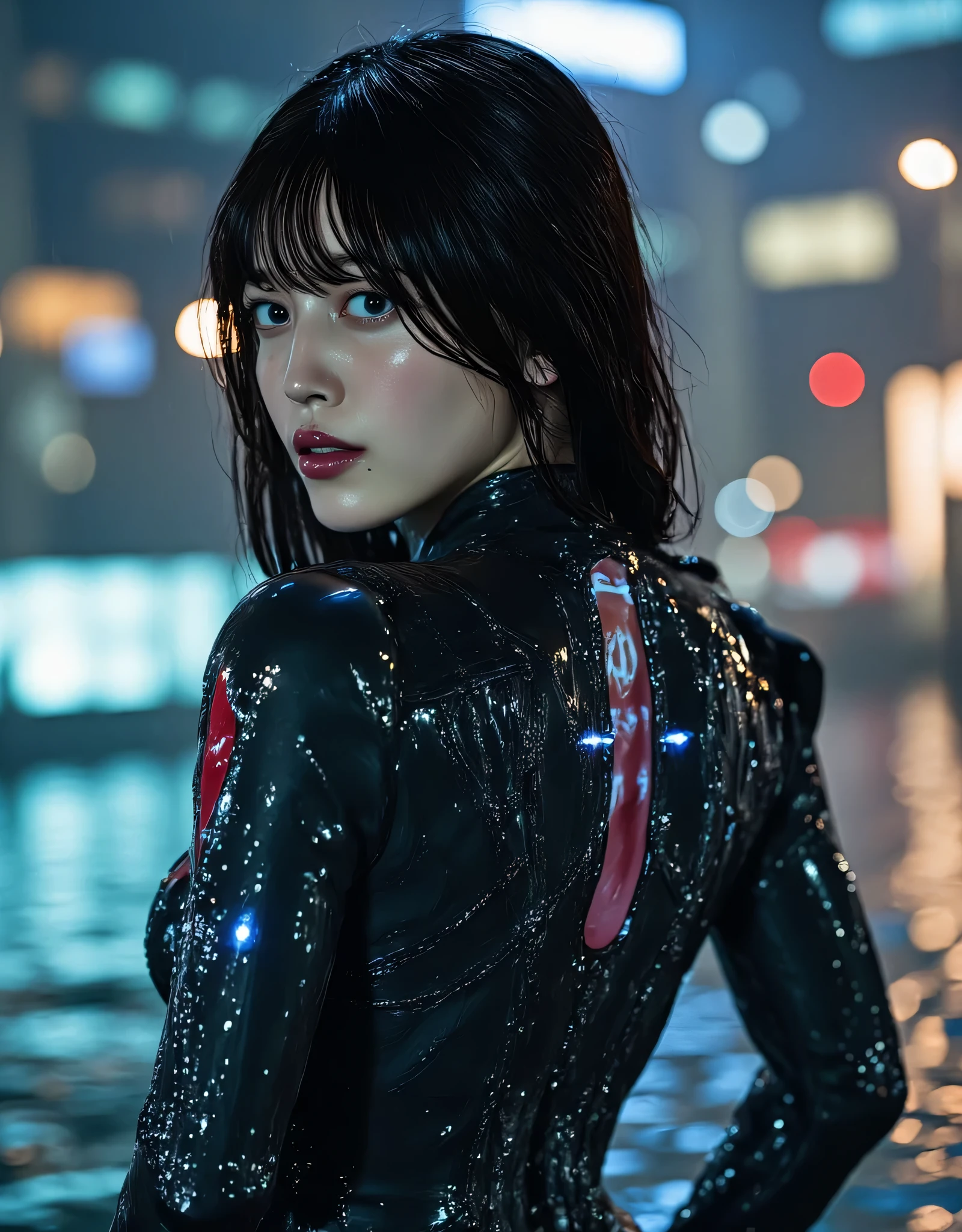 (((Harbor on a downpour night:2.0))),(((HR Gigger style cyberpunk atmosphere:2.0))),(((Hold a cyberpunk-style shotgun:2.0))),(( squat with your crotch wide open:2.0)),side view from the back,Side pose,((Looking back and looking at the camera:2.0)),((look back over my shoulder:2.0)),(Rear View:1.7),straddle,one woman,(cute face:1.7),(Beautiful well-balanced face :1.5),((long hair with bangs:2.0)),(black hair:1.5),(Beautiful Eyes:1.3),20-year-old Japanese woman wearing bright red paint all over her head,Beautiful slender body,((model body type:2.0)),((slim body:1.7)),Perfect Body Line,Ideal Proportions,((big breasts:2.0)),((スリーサイズ90-58-86:3.0)),((G Cup Breasts:1.5)),Big Breasts,Bare thighs,Sensual Thighs,delicate body,(succulent:1.7),(drenched:1.7),natural posture,((toned, beautiful butts:2.0)),((cute ass:2.0)),carefully depicts limbs based on perfect anatomy,(((Perfect Naked:2.0))),((Super high-leg leotard that is translucent black and glows with LEDs:2.0)),(((super high-leg leotard made of form-fitting glass:2.0))),((Military coat-style black kimono with an open back over a leotard:2.0)),(((Clear blue LED skeleton:2.0))),((Tactical Holster:2,0)),(gloves:1.3),concept art,(Best Quality:1.5),(masterpiece:1.5),(超高resolution),resolution,UHD,(Delicate Description), carefully drawn with butterfly wings ,32k,((realistic skin texture that shows through the whole body:1.5)),(((super realistic:1.5))),carefully draw eyelashes,very detailed face,Highly detailed female hand, Sexy appearance ,very sensual,(Blurry Dim Backgrounds :1.5),Professional Photography,(movie lights:2.0),((Blade Runner style lighting:2.0))