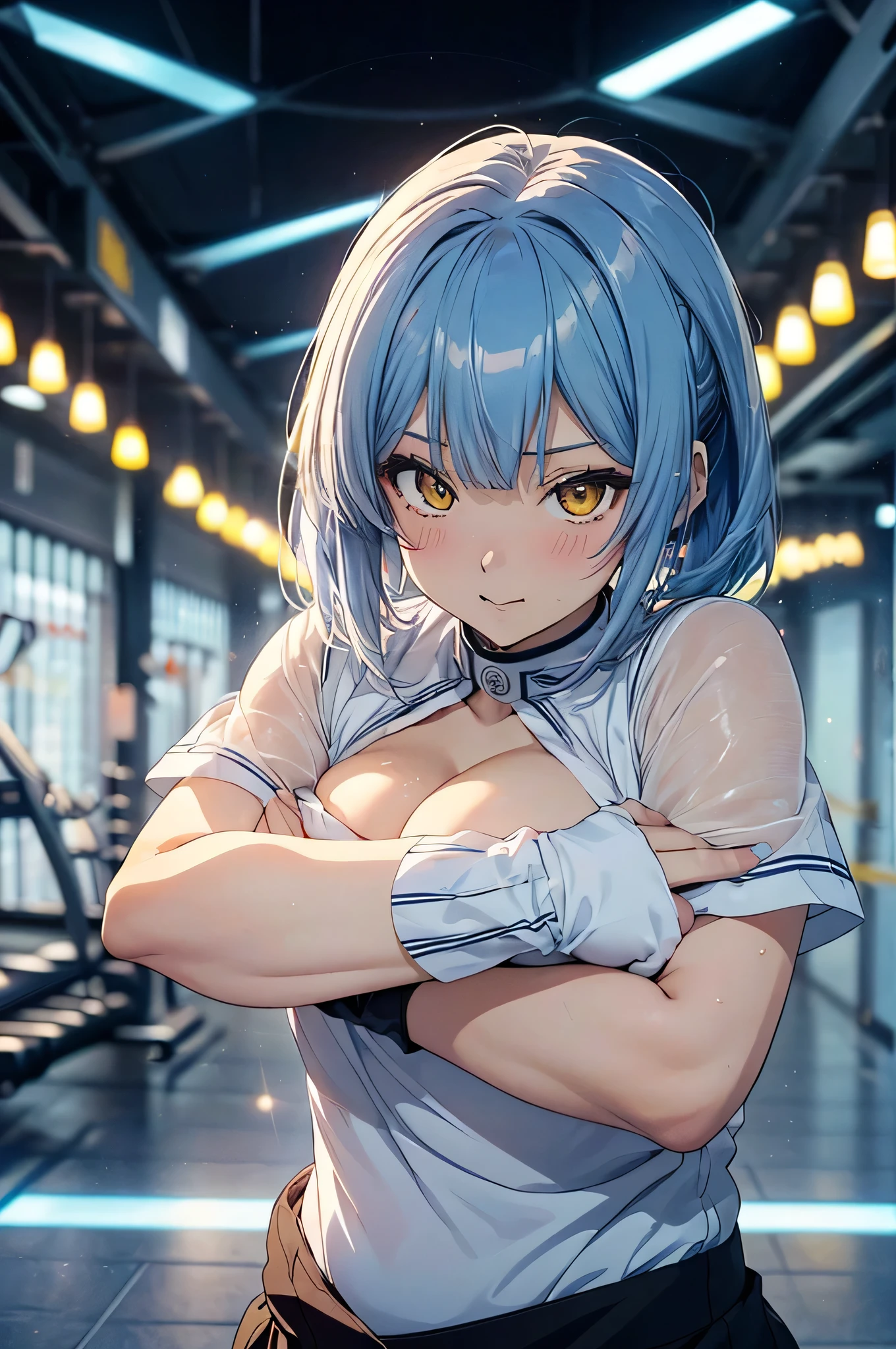 Absurd, Super detailedな,(In 8K:1.3),Masseter muscle area,(masterpiece:1.2)、(Highest quality)、4K、Super detailed、(Movement Structure:1.4)、(Shining Lights、Atmosphere lighting), High resolution, Best Quality、(One person:1.4),Super detailedな,Bright colors、Treebreak Production Art、(Warm color light source:1.2),High-level image quality、Fine image quality、Intricate details,Volumetric Lighting,Realism BREAK、Profile、 Idol face、15 years old、Very beautiful face and eyes, Beautiful images、natural make up、 big eyes,、 (full-body shot:1.3)、 (Big Tits)、(glossy skin :1.5)、(cleavage:1.2)、 (arms up:1.5)、(holding placard:1.5)、(On the boxing ring:1.5)、 (light blue hair,short hair、blunt bangs、twintails、Red ribbon:1.2)、 (round girl:1.4)、 (cheerful),monitor