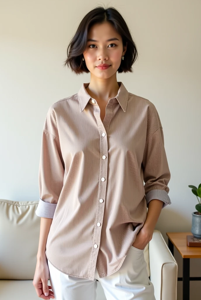 ((Both hands are in front of the navel、A photo of her panties showing through a short polo shirt、Hands roll up shirt、She is wearing a navy polo shirt and luxurious white panties.、:1.4))、Being in the living room、Length cream hair color、Her huge breasts are obvious even through her clothes..、Small earrings、Light brown hair color、:1.4))、Shiny Hair、Light beige hair color、Background Blur、Light brown hair、{{Cowgirl Shot}}、((Close-up shot from the waist up、Big Breasts:1.4))、Big Breasts、にっこりsmile、服からでも分かるBig Breasts、Cowboy Shot、素敵なsmile、((Revealing clothing))、Full body photo、ring、Tuck your hair behind one ear、Silver Necklace、smile、Caustics、Highly detailed photos、Big Breasts、Super no makeup、(8K、RAW Photos、Highest quality、masterpiece:1.2)、(Realistic、Realistic)、1 Girl、((Big Breastsショートヘア、Looking into the camera:1.4))、Hair blowing in the wind