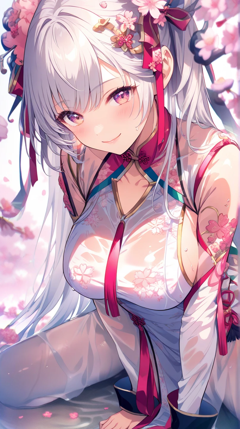 Silver Hair, Pink Eyes, Body, Cat ears, Sexy Girls, earrings, Flower sky background, Pink Red , Hair accessories, sit down, Smiley Face