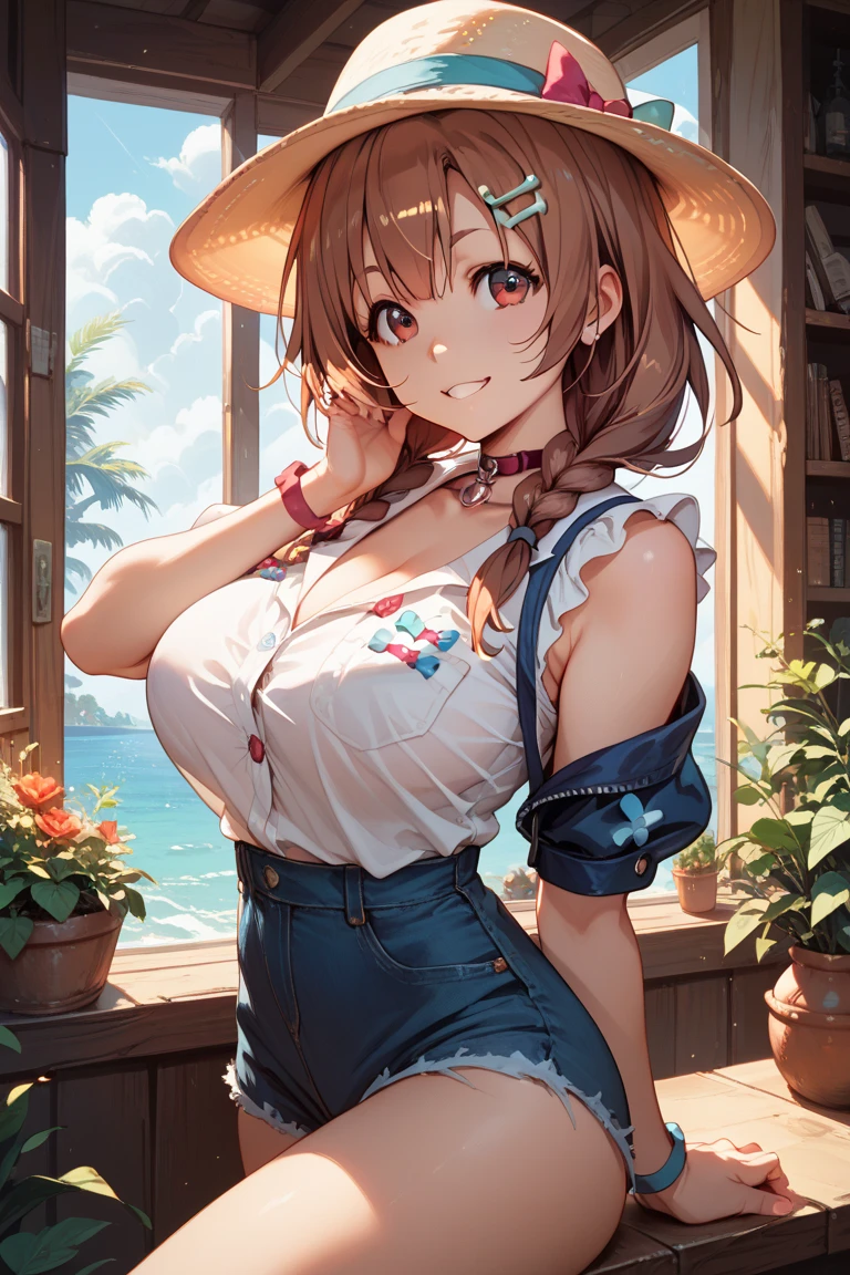 masterpiece, best quality, ultra-detailed, (perfect face, detailed face, detailed eyes,perfect hands),(medium boobs:1.2),8k,HD,ultra realistic face,ray tracing,perfect lighting,best quality, ultra-detailed, shiny eyes, (looking at viewer,open mouth smile:1.1), ((1girl)), (mature female:1.4),cowboy shot,thighs, full body veiw
miku,long hair,((gradient hair)), blue shiny eyes, mascara, (fashion make up), parted lips,blush, wearing off shoulder shirt and denim shorts, wearing a sun hat, headphones, cardigan, headphones around neck, blue cardigan, hand on the hat,
((Shiny Flower Garden with shining sun and bright sky)),(complex background, many elements in the background:1.2),((super detailed background)), mistress poses, ((8k wallpaper)),
