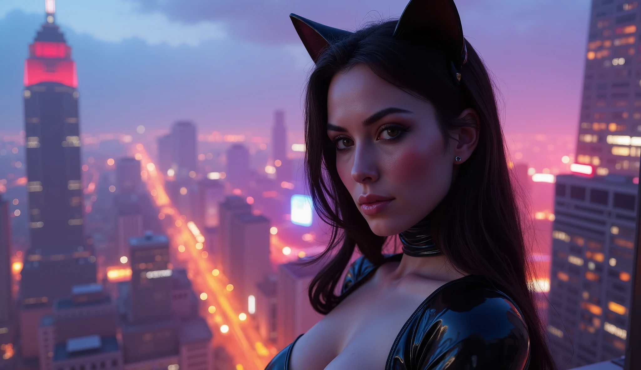 (masterpiece, of the highest quality, Best quality, digital art, Beautiful and aesthetic:1.2),(1girl in:1.4),close up portrait, skin texture style, realism, detailed, (Fractal art:1.3),(Colorful:1.5), highest details, (corrected:1.2), (neon light background:1.4), (Neon City:1.75), bcatl , cat ears, wearing sexy latex, Night time, Large breasts, (Gothic_****ta:1.2), high-heels(:0.75), Makeup, Blush, (Cyberpunk:1.4), ((view the viewer:1.3)), ((Looking back)), Straight smooth silky long black hair, Sunburn, Colossal , Full body portrait, Nikon D850 Film Stock Photography 4 Kodak Portrait 400 Camera F1.6 lens rich colors hyper realistic lifelike texture dramatic lighting unreal engine trending on Artstation cinestill 800, rooftop night city background, 