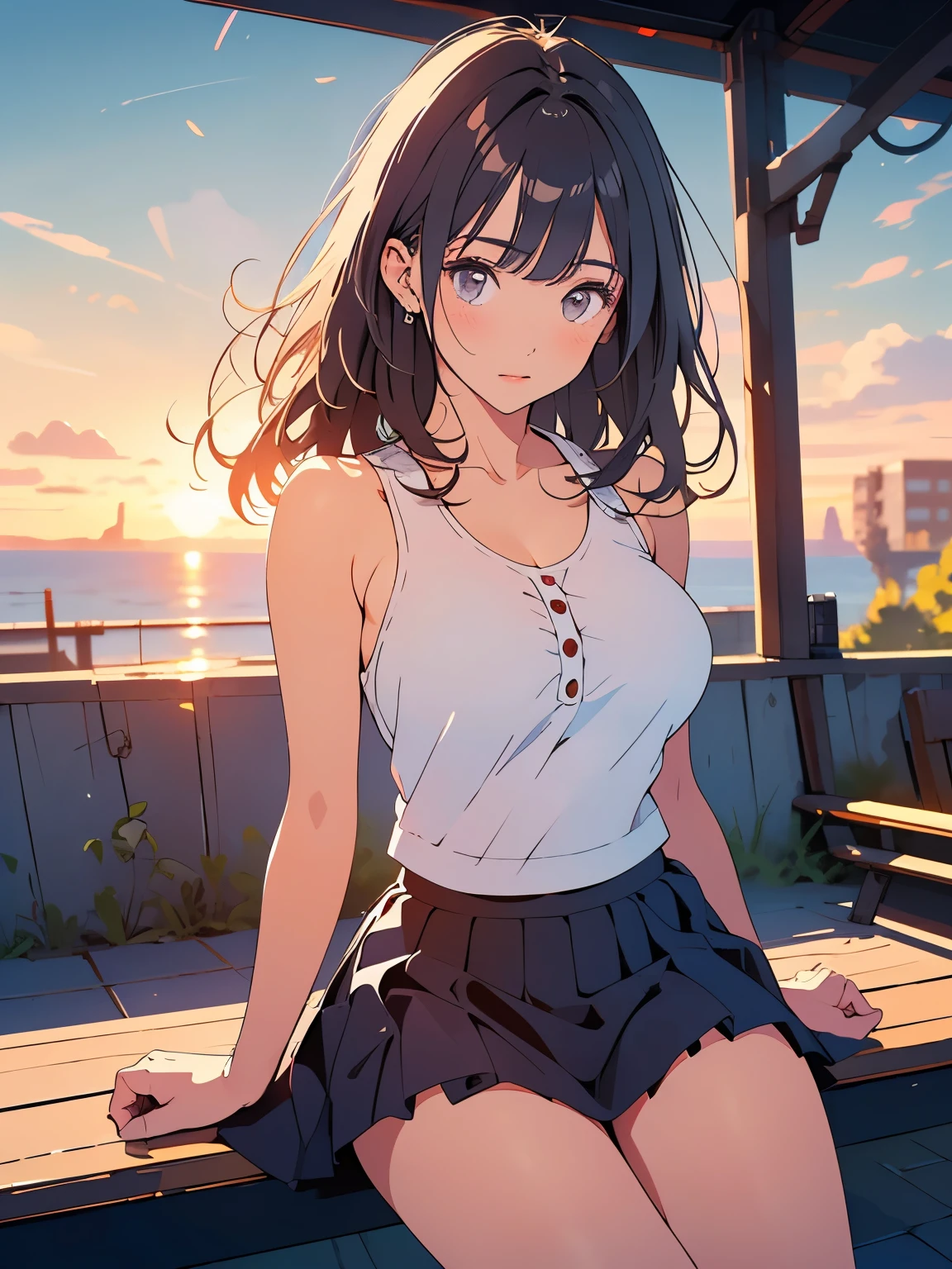 realistic, high quality, Ultra High Resolution Photos , from above, breathtakingly beautiful, button, shiny highlights on the cheeks, buttonなボディ, Biologically accurate limbs, cute, Beautiful Faces, beautiful bangs, glowing white skin, Natural skin, bangs, Split from the middle, Beautiful Shining Hair, Smooth hair, thin hair , beautiful bangs, glowing white skin, Natural skin, bangs, Split from the middle, Beautiful Shining Hair, Smooth hair, thin hair , (Big Breasts:1.3), focuses on the whole body , Personal photo :1.1, (filmed on camera during the trip), one woman, 23 years old, 1 person, (adult female), (Tank top, Tulle Skirt), (Thighs), (adult white underwear), (Expose your hips , Model with legs), ( sitting on a bench , (slouch)), (skirt and hair fluttering in the wind), gray wavy hair city, natural light, Sunset, Vintage color , (With the Sunset in the background), Looking into the camera,