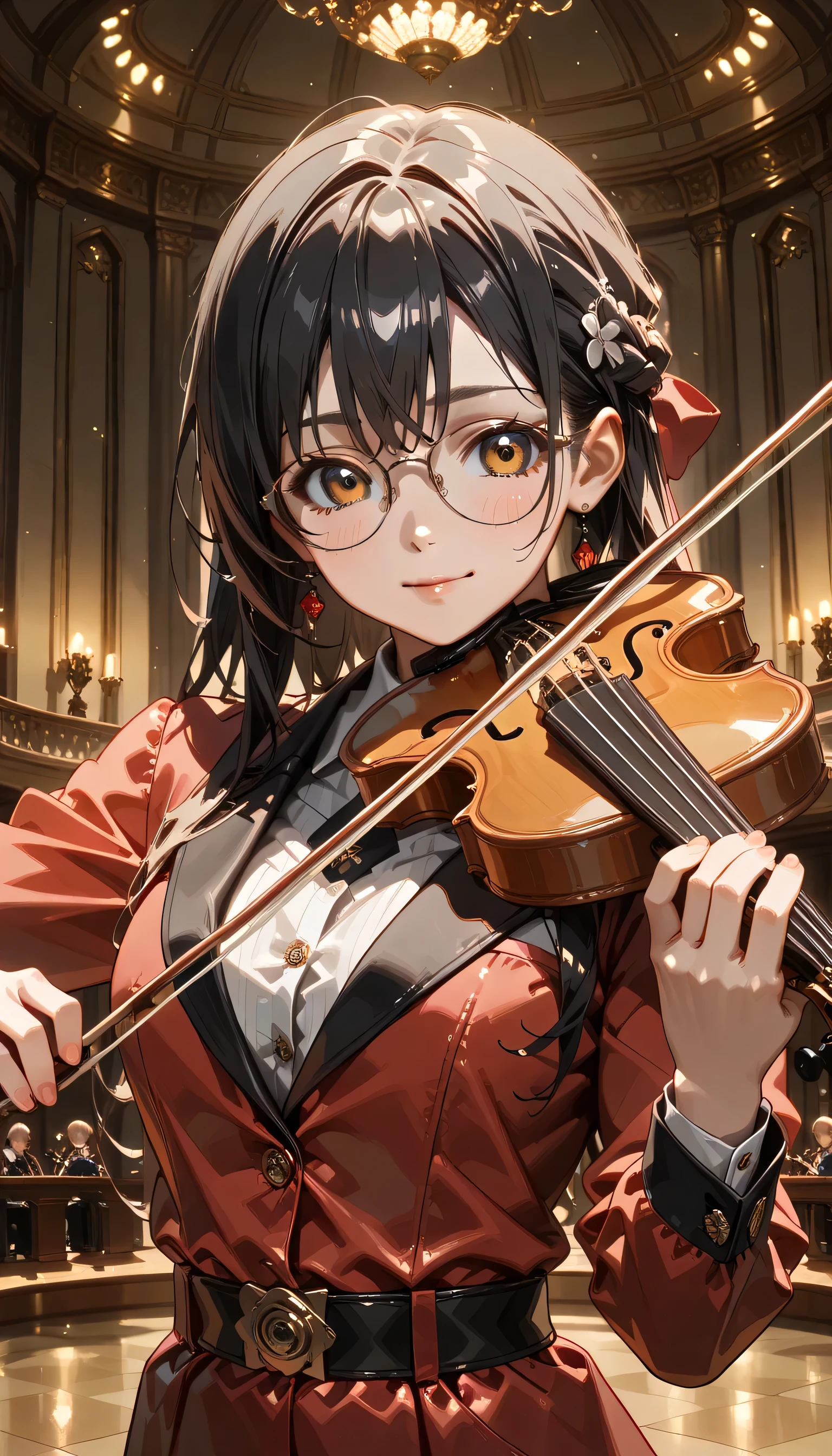 ((ultra-detailed)), (highly detailed CG illustration), (best quality:1.2), ultra-highly detailed, colorful composition, artistic photoshoot, 1girl, solo focus, ((upper body:1.3)), moe anime character, girl, dainty facial structure, (baby face), (round face), ((rounded chin:1.2)), ((ideal ratio body proportions)), thick eyebrows, half updo, Sagging eyes, long hair, black hair, brown eyes, ((wearing glasses:1.3)), ((round eyewear:1.3)), (hair ribbon with red), ((play the violin)), ((ultra-detailed violin)), ((best quality violin)), hold a bow in hand, ample breasts, ((red semi formal dress with gold decorations)), open clotch, from front, expecting, pink cheek, blush, light pink gloss slip, petals glowing and fluttering, best quality, masterpiece, standing in the classical concert hall, orchestra, String players, portrait, dynamic pose, depth of field, soft lighting, sidelighting, (shine), lighting, caustics, ray tracing, perfect face, lustrous skin, highly detailed face, perfect face, perfect nose, perfect hair, perfect eyes, perfect anatomy, beautiful hair, beautiful small face, extremely detailed face, beautiful detailed eyes, beautiful clavicle, beautiful body, beautiful ample breasts, leavage, breasts squeezed together, equalize the size of the left and right breasts, beautiful thin thighs, beautiful legs, beautiful fingers, 4 fingers, 1 thumb, lovely, (very detailed background:1.0), (highly detailed background:1.0), spring aesthetic, intricate details, enjoy the performance atmosphere, spring colors palette, chromatic aberration