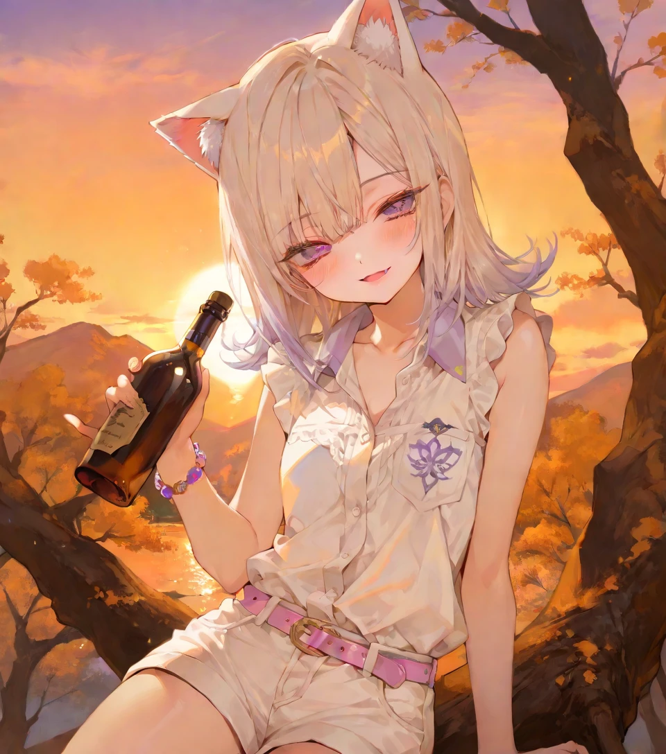 ((Masterpiece)), ((best quality)), (8K), ((wide shot)), (detailed background:1.3), (super detail:1.2),(High Definition:1.2), (Professional Photography:1.2), (very aesthetic:1.2), (absurdres:1.2), (dim lighting), ((1girl)), (cute young girl), (Healthy Gaunt body), Glossy hair, (Asymmetrical bangs, long side bangs), (medium hair, platinum-gold hair, flipped hair, gradient hair), (open mouth wide), seductive smile, blush, (pale purple eyes, glitter eyes, gradient eyes, Beautiful eyes), big eyes, (put on cat ears), (cute cheeks), glossy lips, pouty lips, (lower eyelashes), BREAK, unconventional bracelets, (buttoned shirt, collared shirt, pure white shirt, bare arms), (white shorts, pink belt, thick-soled sneaker), exposed Lower abdomen, Beautiful collarbone, Holding Liquor Bottle in hand, (loose sitting on the fallen tree, dim lighting, outdoors, ominous, dusk clouds, sunset, surreal, orange theme, sunset background),