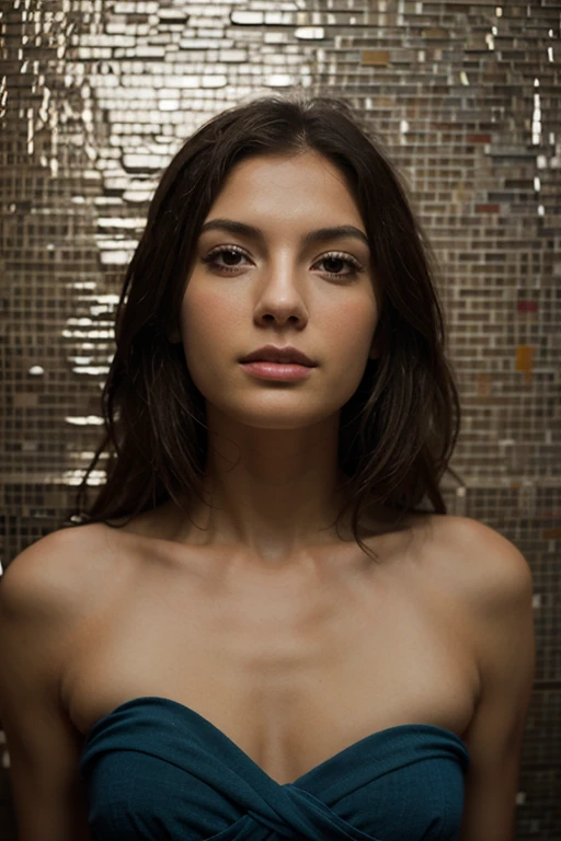 A photorealistic portrait of a 33-year-old Brazilian woman with long brown hair, a small mole to the left of the mouth and between the nose and nose, green and brown eyes and perfect body. It should have a natural, approachable expression and be illuminated by soft, golden sunlight. The bottom must be at the bottom of Cristo Rei in Lisbon. Capture this image with a high-resolution photograph using an 85mm lens for a flattering perspective.