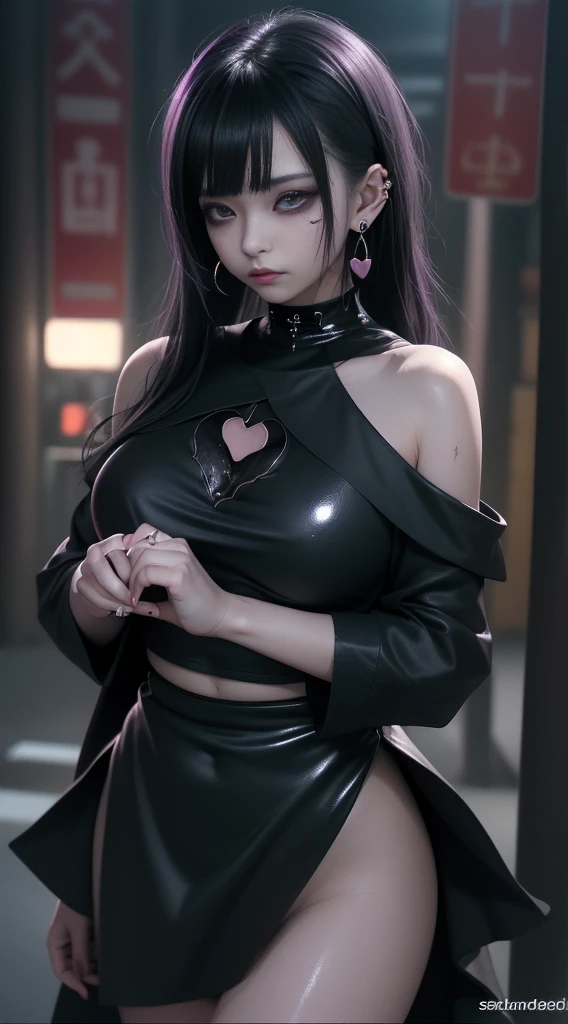 Ultra-detailed、Japanese、attractive beauty、seductive young skinny woman、pretty thin woman、piercing eyes、cool girl、long black hair, swept bangs、turtleneck sweater tucked in, high waisted skirt, black pantyhose, sexy vampire, fangs, glowing red eyes, Evil cadres、evil depravity、brainwash、mind control、apply lipstick、smirk、Evil expression、evil、empty eyes、evil、contrapposto、Hypnosis、brainwashing、makeup brush, large breasts, breasts pushing tight clothing, cute posture, back attaching forward breasts pushing forward, O mouth, seductive mistress, skinny thin hourglass shape, evil mistress smirk, succubus, Japanese mistress, hair highlights, evil, dominant, impossible skinny hourglass figure, beautiful Japanese idol goddess