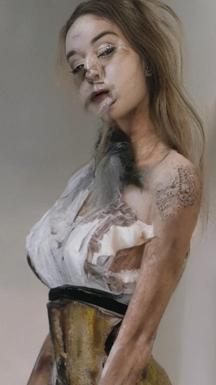 outside, naked, huge breasts, Tattoo with text "queen of whores", High Definition, realistic style, big pink nipples, huge butt, horrible and coarse facial features, old