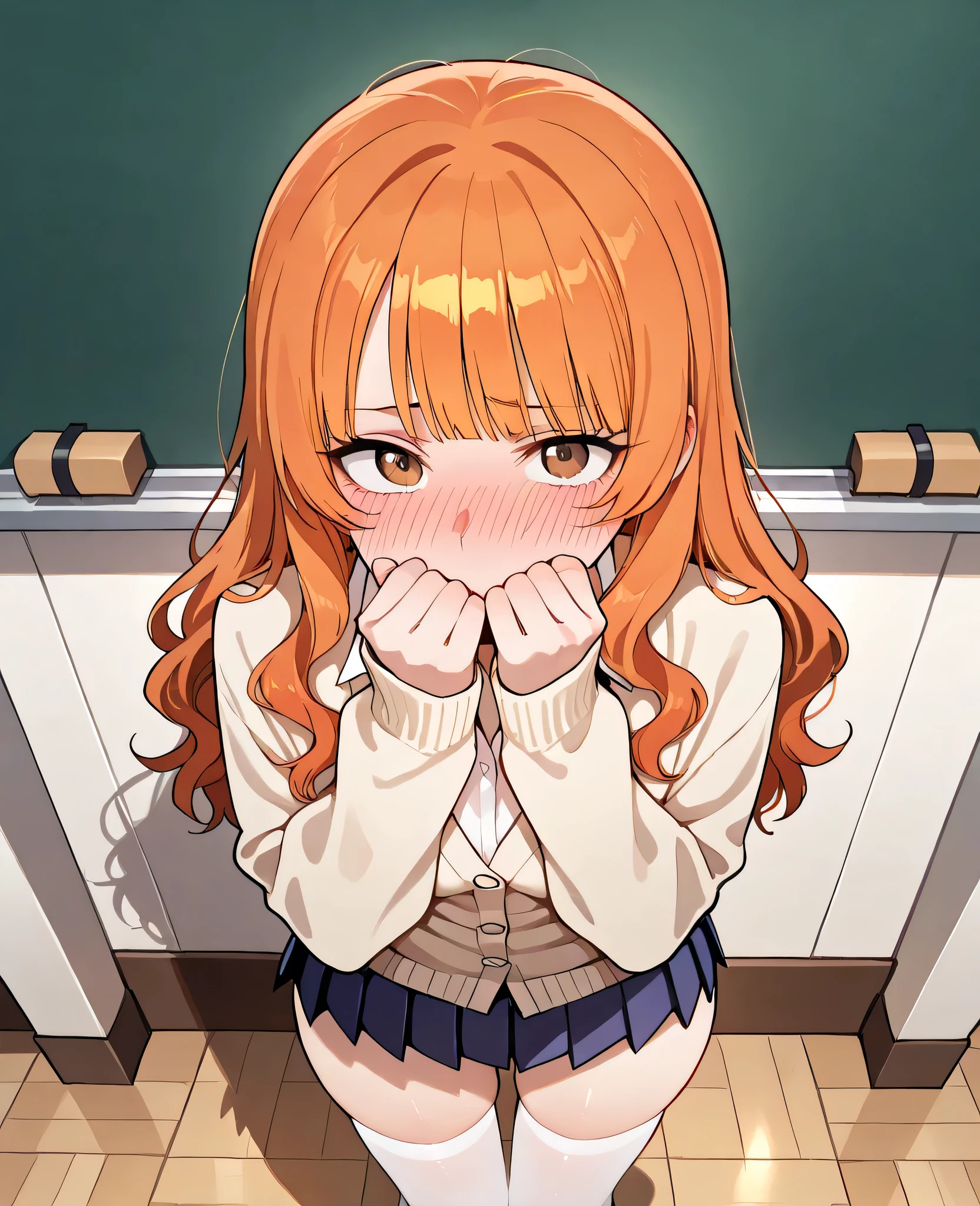 1girl, 20 years old, beautiful, orange hair, slightly wavy hair, straight bangs, hair length to shoulder blades, brown eyes, small hips, slightly plump thighs, narrow waist, small breasts, neat face, small blush, detailed image, detailed body, detailed location, location: classroom, clothes: white button shirt underneath oversized beige cardigan with long sleeves covering half of palm, pleated dark blue skirt, white stockings, small clip on bangs, embarrassed, time: evening, pose: standing, shy, looking at viewer, looks into the eyes, front view, hands up, fists near mouth, hips to side, full face blush, from above, flustered, solo, shy, cute, hands clenched fist, over-long sleeves, covering mouth with sleeves