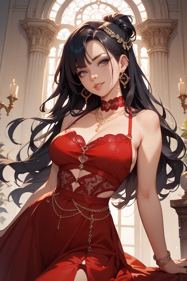 Anime style teenage girl, height of 1.70m, de cabello largo beautiful, elegant, well groomed and combed, with long straight bangs, delicate face, beautiful, fino y elegant, with a cold and serious look, de ojos afilados beautifuls, finos y elegants de color arcoiris, with long eyelashes, Thin neck, with white and smooth skin, Red lips, with straight posture, fina y elegant, She is wearing a royal dress worthy of, elegant, fino y beautiful, Marking and showing her big breasts, with a thin waist and big hips. 