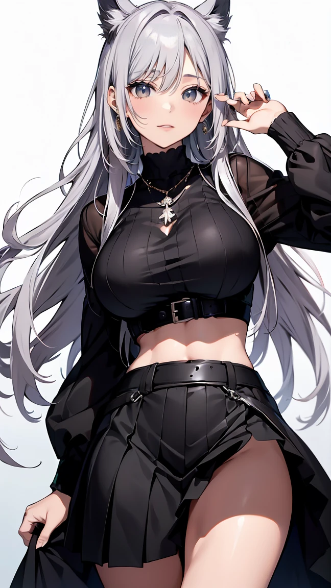 best quality, ultra high res, (photorealistic:1.4), 1girl, off-shoulder white shirt, black tight skirt, black choker, (faded ash gray hair:1), (large breasts:1), looking at viewer, closeup ,