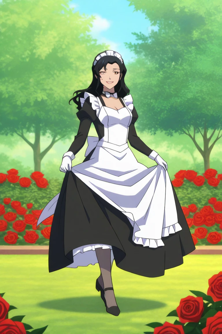 Create an image of Zatanna cosplaying Maid while she is in a garden with red roses and she smiles lovingly with a beautiful day and only Zatanna and her full body should appear in the image