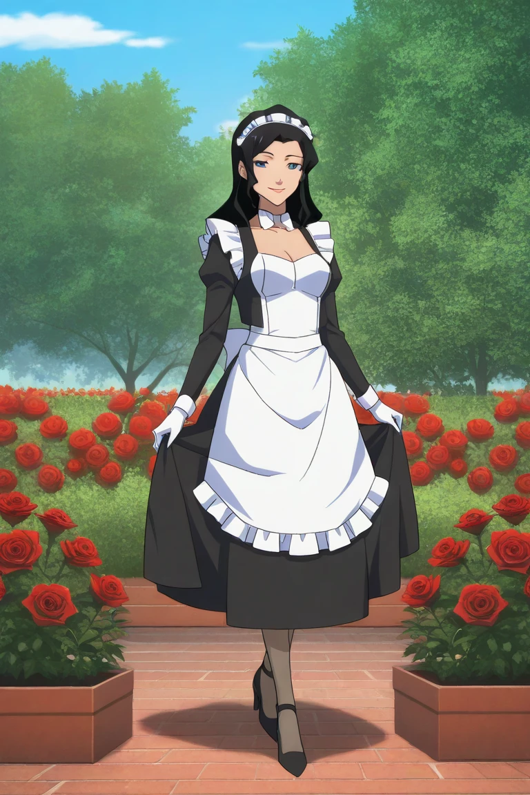 Create an image of Zatanna cosplaying Maid while she is in a garden with red roses and she smiles lovingly with a beautiful day and only Zatanna and her full body should appear in the image