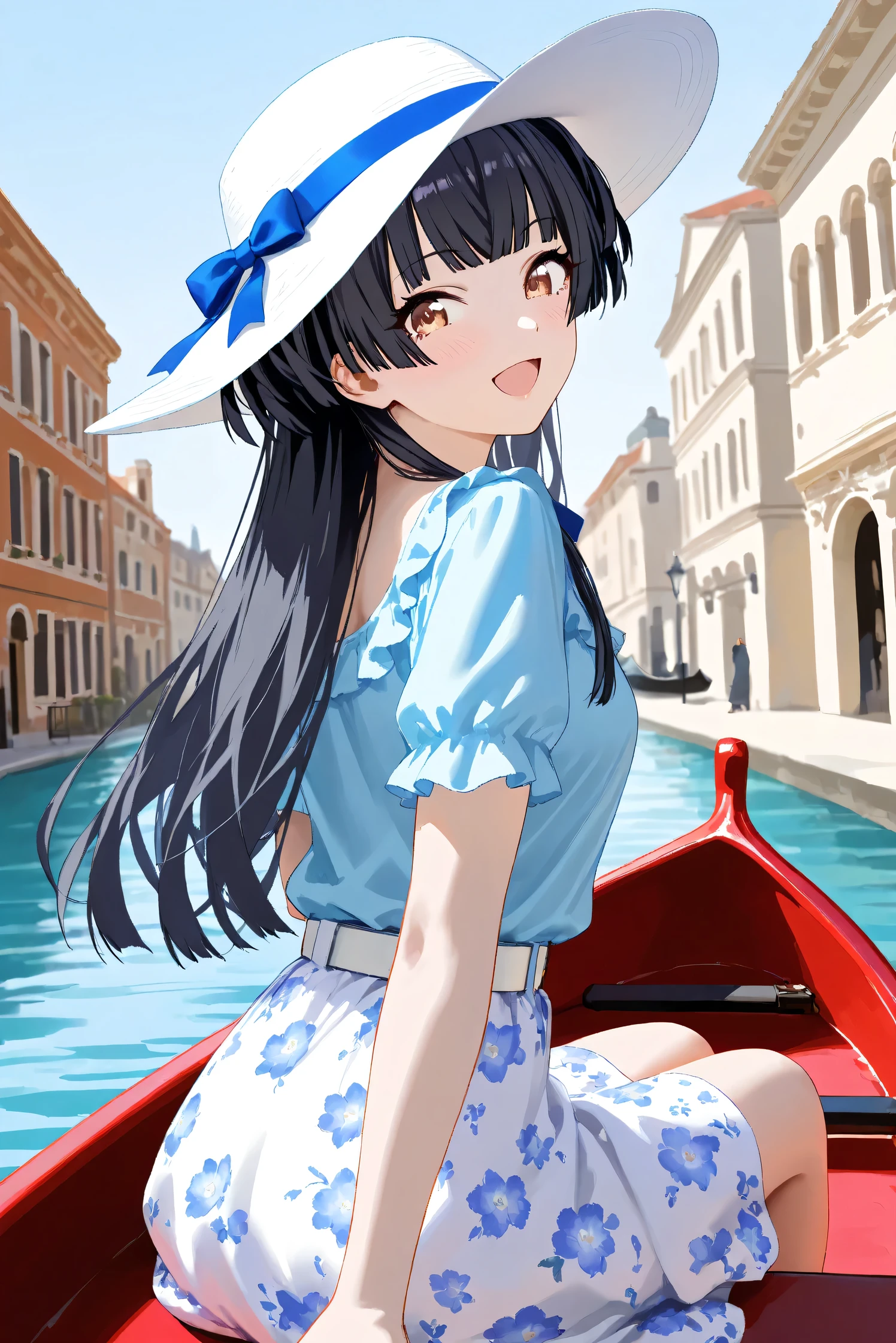 (Masterpiece), (Highest quality), (Very detailed),
(The best shape), (Best Shadow), (Absurd),
(Detailed background), (So beautiful), Shiny ,
Extraordinary, Countershading, 8k, 32K, High resolution, Beautiful eyes in every detail,
Very Detailed CG, UHD,
Score_9, Score_8_up, Score_7_up, Source_anime,
(Pastel painting:1.2), (Watercolor painting:1.2),
(Masterpiece, Detailed:1.2), (Foreshortening:1.2),
Cinematic, Dramatic, (Depth of field:1.4),
(Blurry background:1.4), (Realistic background:1.4),
(Foreshortening:1.3),Dynamic angle, 1 girl, solo,
Venice, Venice Building, Outdoor, Nature, Blue sky,
from back, looking back,
Mayuzumi Fuyuko,
The idolmaster shiny colors,
mayuzumi_fuyuko, 1girl, black hair, two side up, brown eyes, small breasts,
(Casual wear:1.3),
Light blue shirt, Short sleeves shirt, Frills,
ribbon, Blue ribbon,
Skirt, White skirt, Floral print skirt, Belt, White belt,
Wide Brim Hat, (White hat:1.2), Blue ribbon,
portrait, Focus on face, (close up shot:1.2),
(Blush:1.3), (happy:1.1), (talking to viewer:1.2),
open mouth, looking back,
(ride on gondola:1.2), sitting,
Realistic skin, Shiny skin,