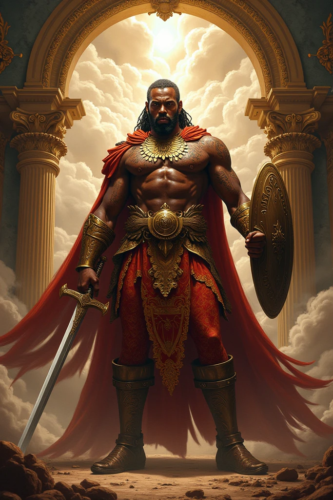 Muscular African man with golden crown red king cape double axe in hand standing full body with a tower behind