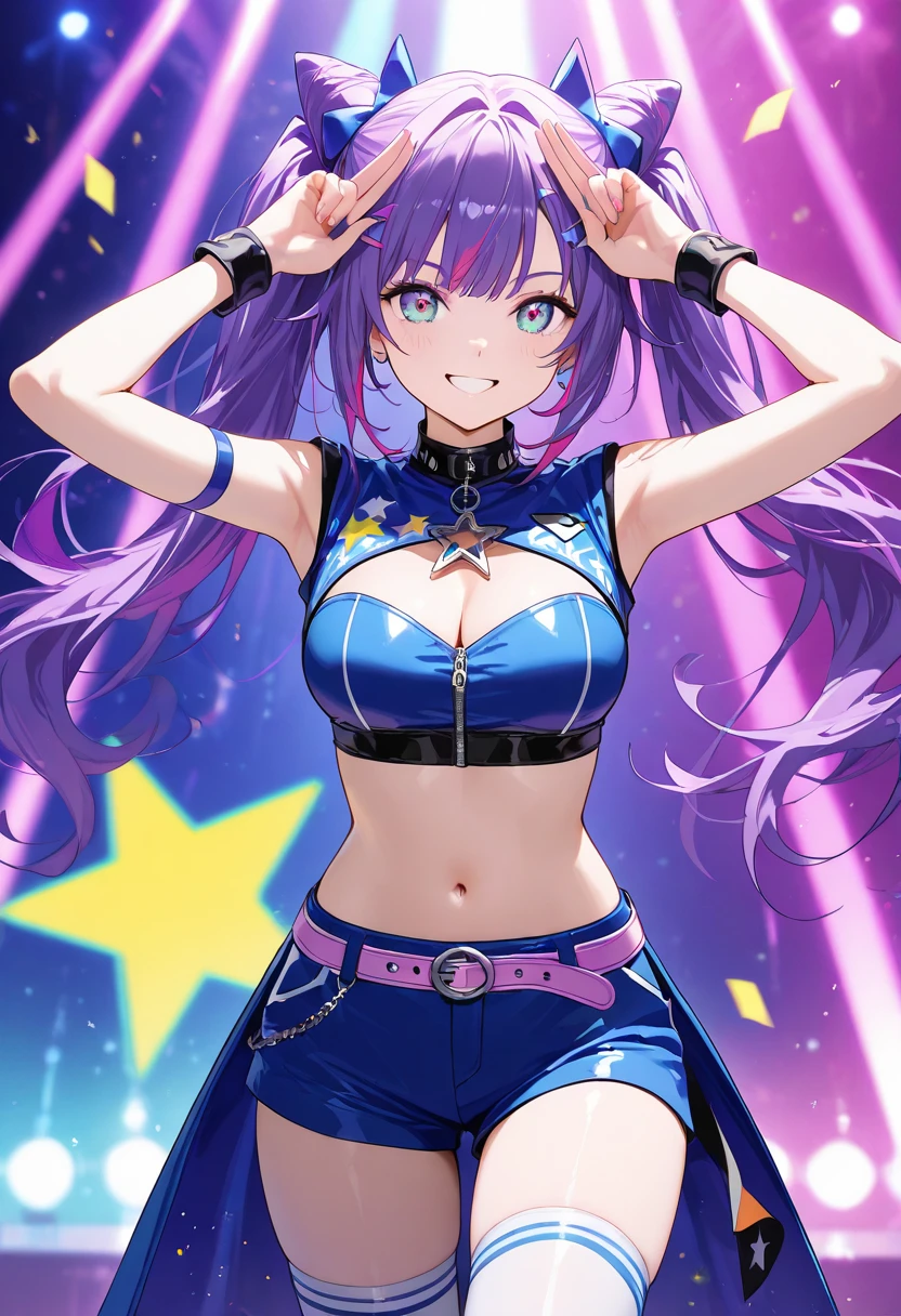 （（tmasterpiece））， best qualtiy， illustratio， The is very detailed， Off_Shoulder，dampness， （see through_White_Colorful_Lettered_tee shirt）， Purple Bob hair，Pink_flower_hair pin，Blue_Eyes，navel，The Arm_arms  cuffs，Star pendant earrings，pleated_Miniskirt，Gorgeous light and shadow，dynamic angle