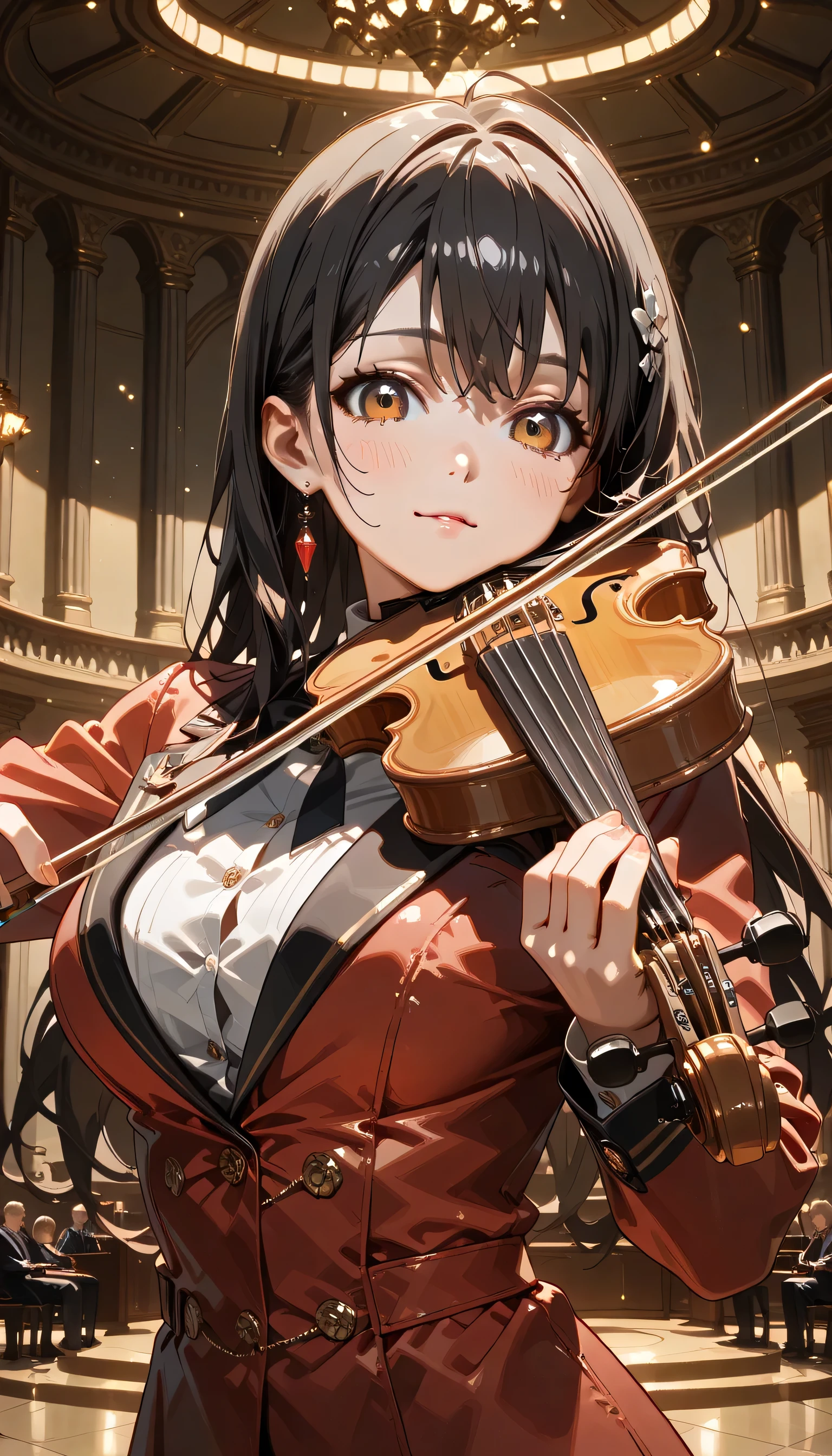 ((ultra-detailed)), (highly detailed CG illustration), (best quality:1.2), ultra-highly detailed, colorful composition, artistic photoshoot, 1girl, solo focus, ((upper body:1.3)), moe anime character, girl, dainty facial structure, (baby face), (round face), ((rounded chin:1.2)), ((ideal ratio body proportions)), thick eyebrows, half updo, Sagging eyes, long hair, black hair, brown eyes, ((wearing glasses:1.3)), ((round eyewear:1.3)), (hair ribbon with red), ((play the violin)), ((ultra-detailed violin)), ((best quality violin)), hold a bow in hand, ample breasts, ((red semi formal dress with gold decorations)), ((open clotch)), from front, expecting, pink cheek, blush, light pink gloss slip, petals glowing and fluttering, best quality, masterpiece, standing in the classical concert hall, orchestra, String players, portrait, dynamic pose, depth of field, soft lighting, sidelighting, (shine), lighting, caustics, ray tracing, perfect face, lustrous skin, highly detailed face, perfect face, perfect nose, perfect hair, perfect eyes, perfect anatomy, beautiful hair, beautiful small face, extremely detailed face, beautiful detailed eyes, beautiful clavicle, beautiful body, beautiful ample breasts, leavage, breasts squeezed together, equalize the size of the left and right breasts, beautiful thin thighs, beautiful legs, beautiful fingers, 4 fingers, 1 thumb, lovely, (very detailed background:1.0), (highly detailed background:1.0), spring aesthetic, intricate details, enjoy the performance atmosphere, spring colors palette, chromatic aberration