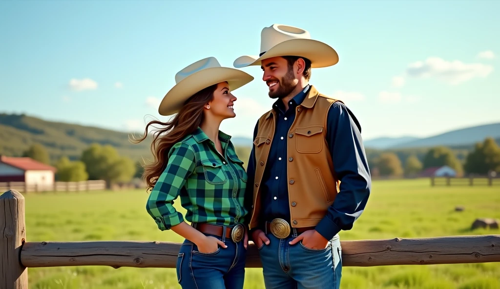 Two lumberjack-style men, burly, plaid shirt and battered jeans, safari boots, passionately. Posing for the camera, looking at the camera hugging behind, smiling, at sunset on a rustic wooden balcony.
