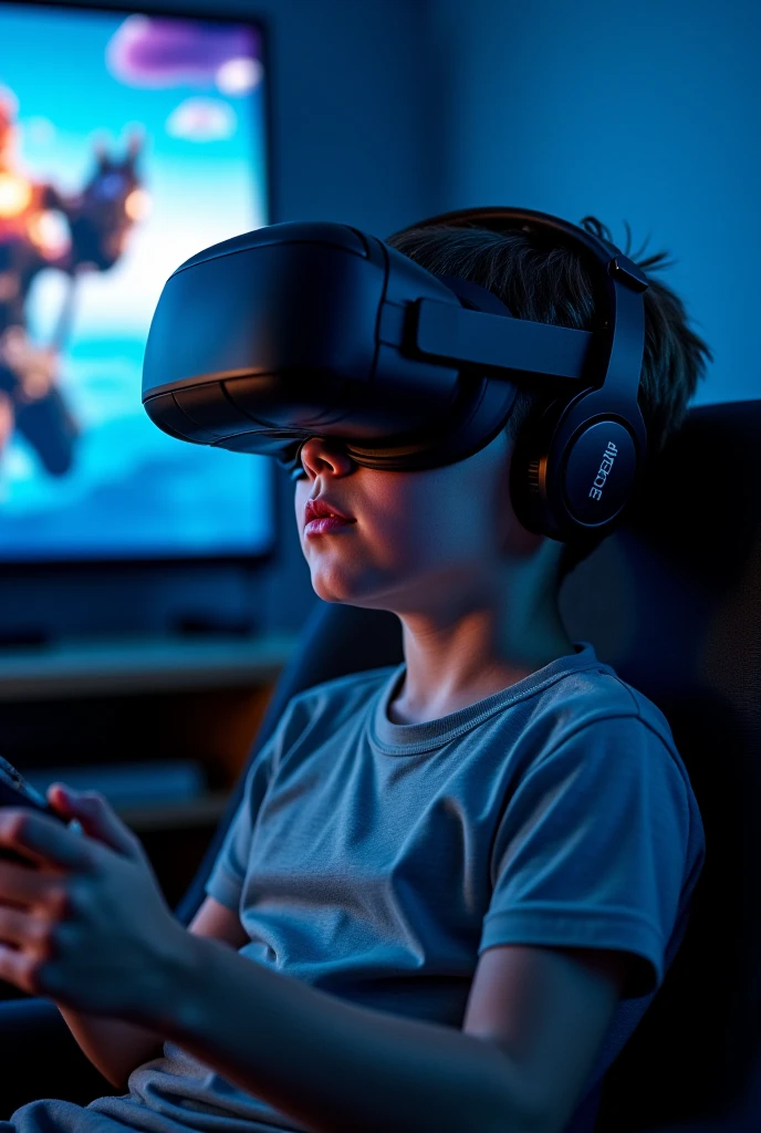 In the middle of a modern living room, a 10-year-old boy sits on a sofa with a look of awe and curiosity on his face. He is wearing a black virtual reality (VR) headset that completely covers his eyes. The headset's cables are connected to a nearby gaming console, which is illuminated with blue and green lights
