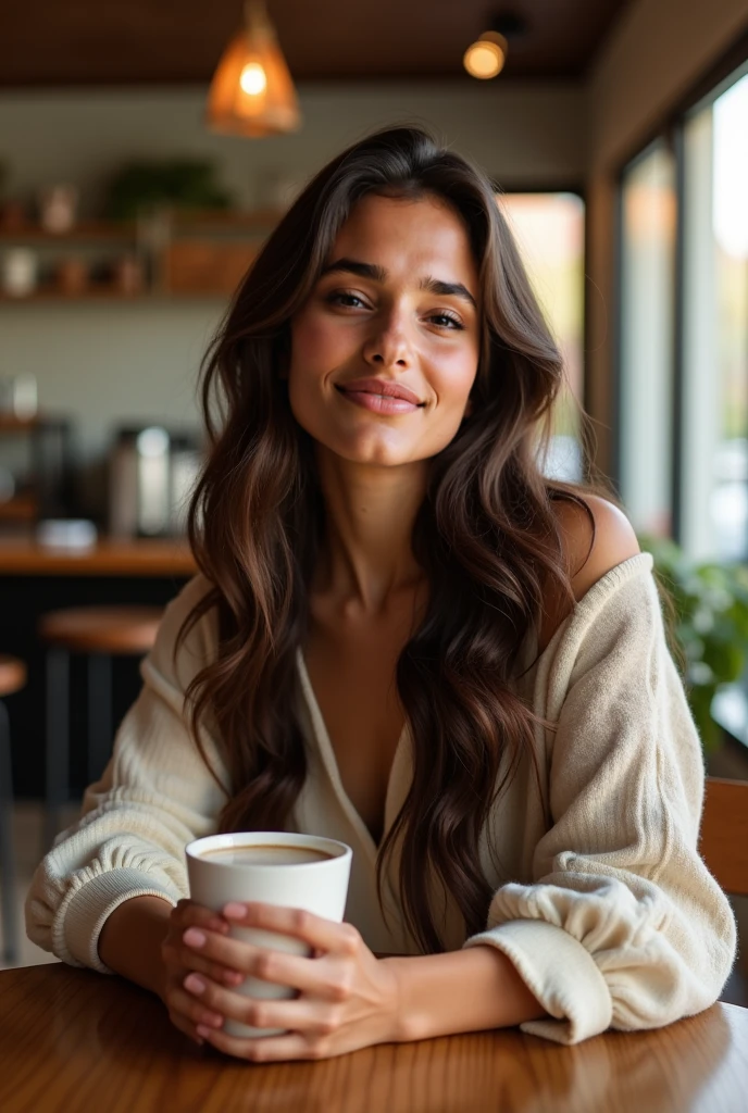 (photorealism:1.2), beautiful woman, long curly hair, smiling, on sofa drinking coffee, relaxed pose, realistic, intricate details, warm colors,