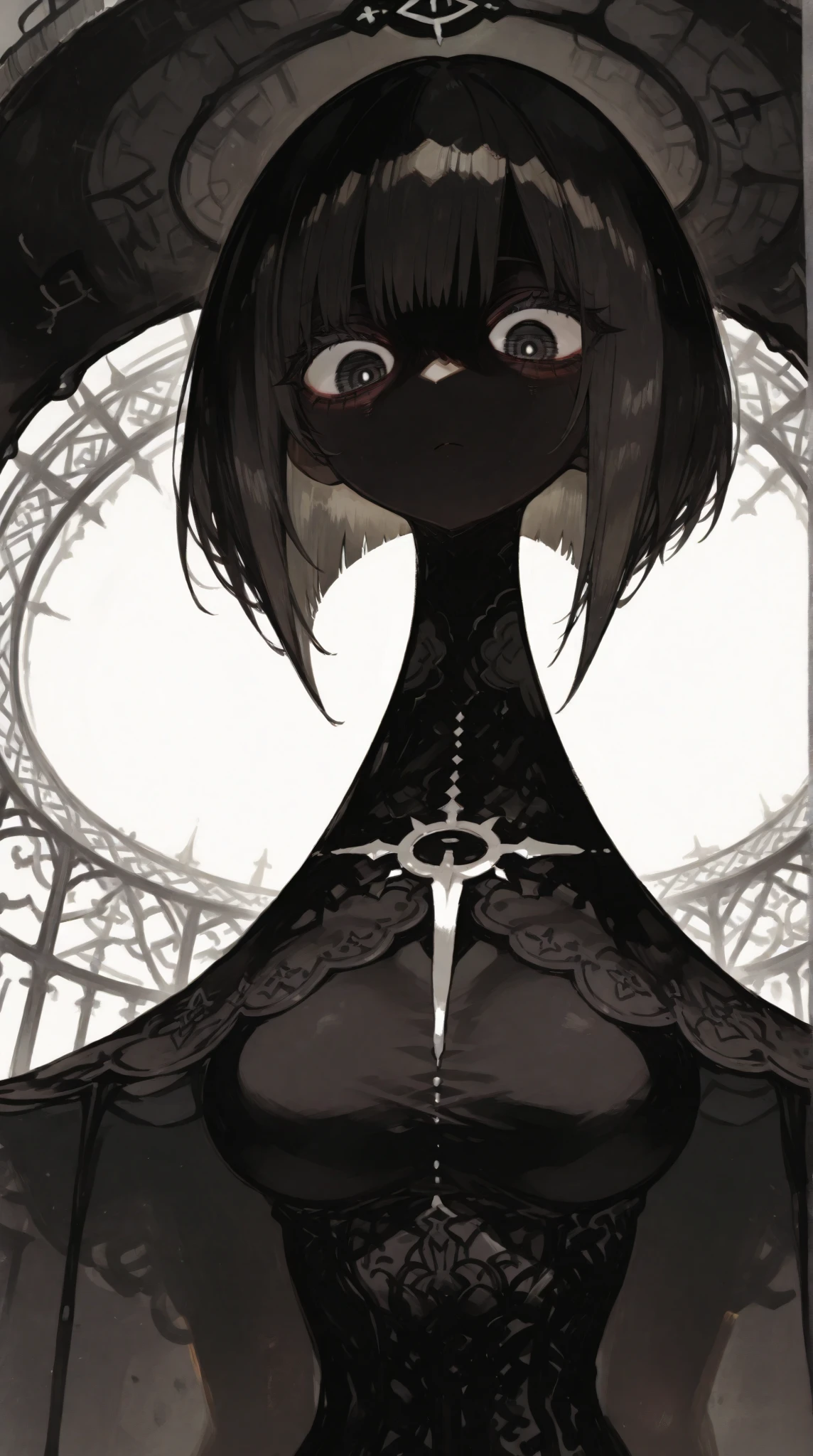 <lora:Epeulu-PonyXL-1024px:1>
score_5_up, 
1girl, solo, wearing (black robe, long sleeves, detached sleeves, bare shoulders, witch hat), graveyard background