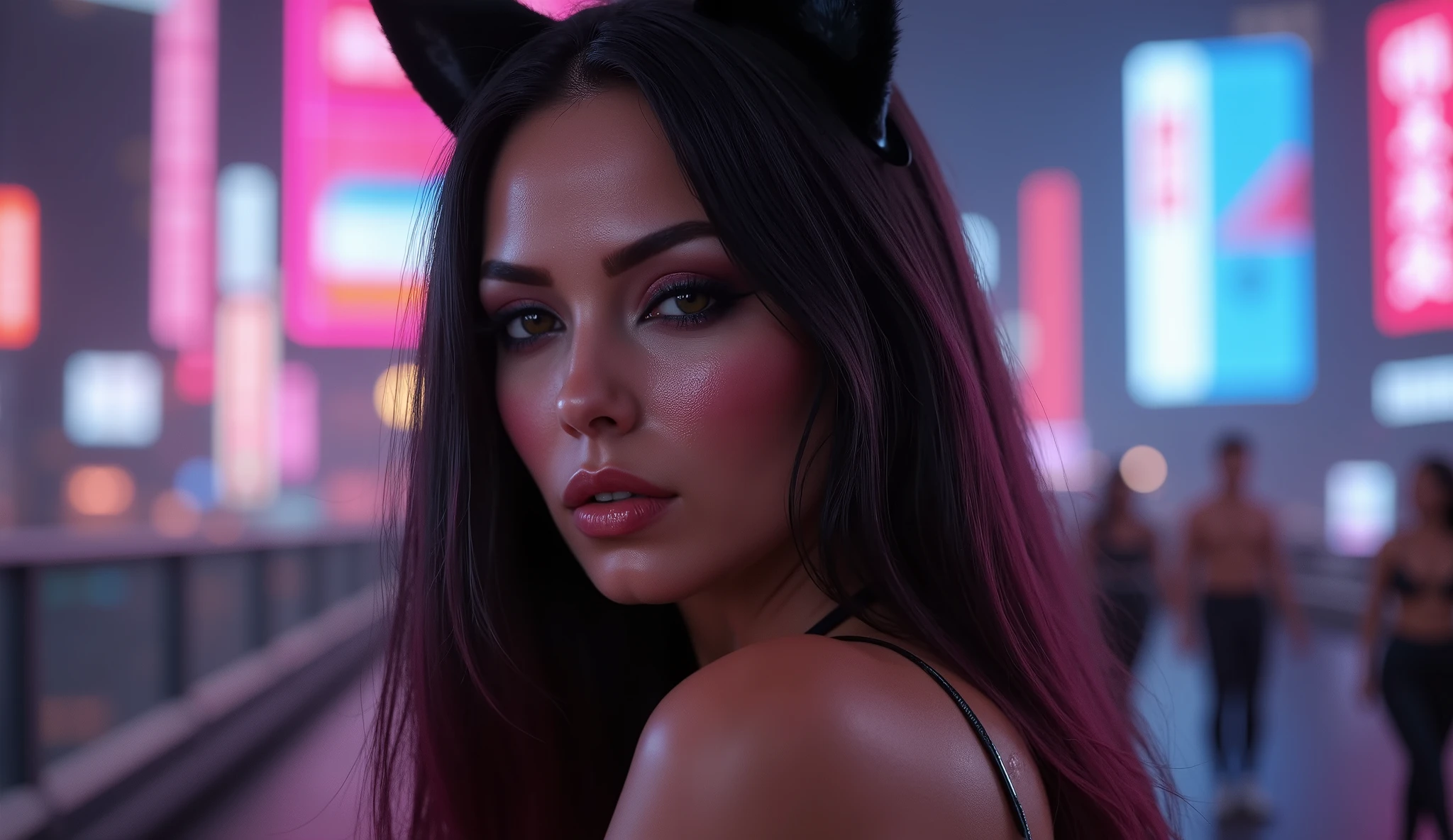 (masterpiece, of the highest quality, Best quality, digital art, Beautiful and aesthetic:1.2),(1girl in:1.4),close up portrait, skin texture style, realism, detailed, (Fractal art:1.3),(Colorful:1.5), highest details, (corrected:1.2), (neon light background:1.4), (Neon City:1.75), bcatl , cat ears, wearing sexy latex, Night time, Large breasts, (Gothic_****ta:1.2), high-heels(:0.75), Makeup, Blush, (Cyberpunk:1.4), ((view the viewer:1.3)), ((Looking back)), Straight smooth silky long black hair with pink shade, Sunburn, Colossal , Full body portrait, Nikon D850 Film Stock Photography 4 Kodak Portrait 400 Camera F1.6 lens rich colors hyper realistic lifelike texture dramatic lighting unreal engine trending on Artstation cinestill 800, rooftop night city background, 