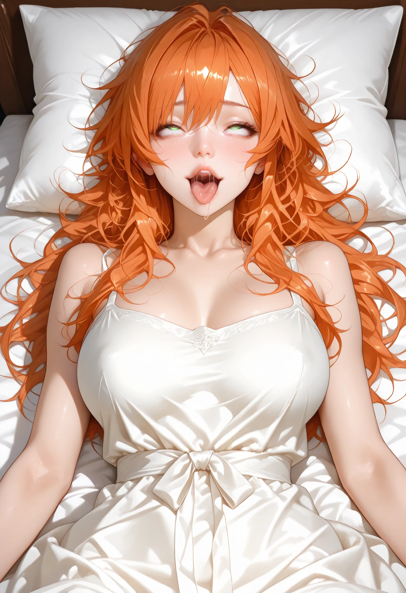 ultra detailed realistic busty flamme half body, orange hair, green eyes, white sleeping dress transparat, background, ray tracing, long messy hair, lie on the bed, perfect ahegao face, sexy pose,