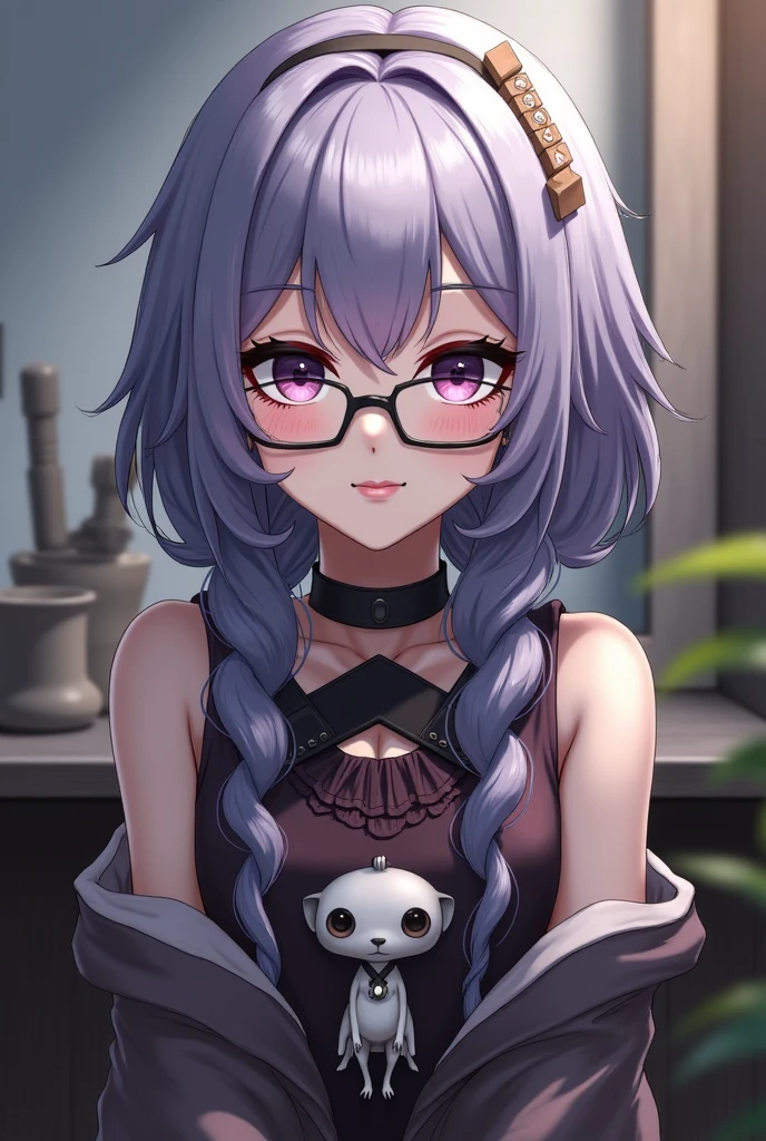 Anime girl with purple hair and glasses, who holds a heart, Style artistique Anime Moe, Fille anime avec des oreilles de chat, fille chat animée, dans un style animé, cute girl chat animated, dans un style animé, Fille aux oreilles de chat, nekomimi, Holo est une fille-loup, Animated cat, Style d&#39;anime d&#39;IG Studio, Charakter in animated style, Style artistique animé de haute qualité.