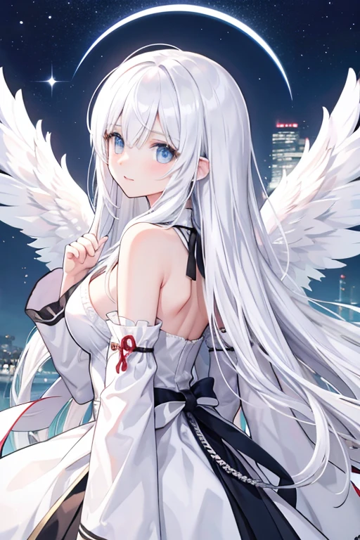 Sex , White hair, black red eyes, semi nude, hypnosis, cum on body, city, adult big breasts small ass, White shirt, black tie, excellent photo quality, Anime graphics, long hair angel