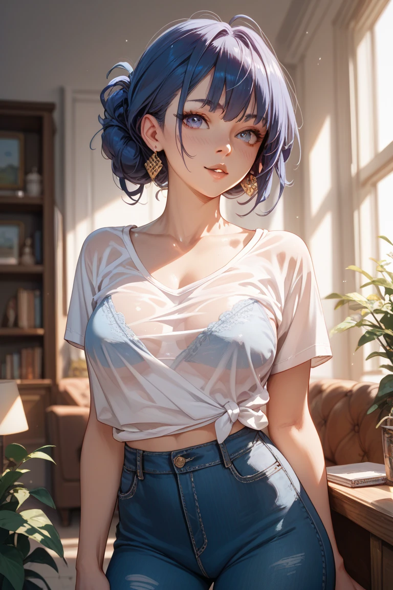 (best quality, 4k, 8k, highres, masterpiece:1.2), blue hair、Shorthair。bobhair。panties are elegant white。 breasts are big and beautiful.。The top garment is a sweater。Even more embarrassed。Put your hand inside your panties、Slide your panties down to your thighs。