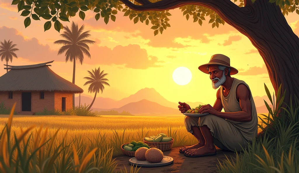 The story of Farmer Dhruv begins: Comic style. The scene shifts to a small village with a backdrop of parched, cracked soil under a scorching sun. Farmer Dhruv, a middle-aged man with short brown hair and a weathered face, works diligently in his field, dressed in simple brown clothes with a white cloth around his head. The surrounding area shows wilted crops and a dry landscape, reflecting the severity of the drought. In the distance, the village houses are small and modest, emphasizing the hardship faced by the villagers.