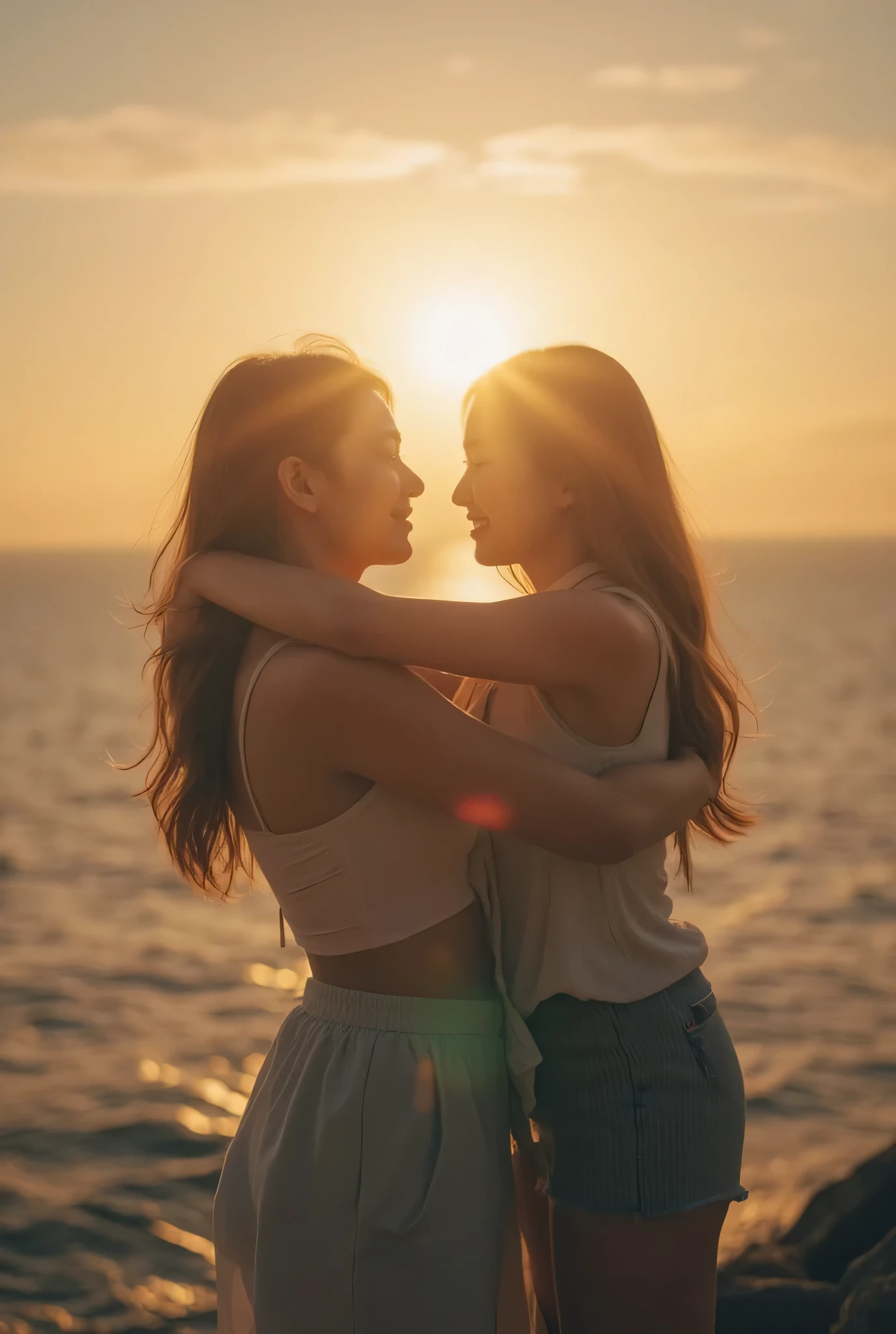 High Quality, 8K ultra HD, A"Capture an everyday and authentic scene that shows people in natural and spontaneous situations. The image must reflect the essence of daily life, with genuine interactions between friends or family. Includes elements that transmit emotions, like laughter, hugs or moments of reflection. Make sure that the lighting is soft and natural, creating a cozy and warm environment. The characters must be dressed casually and realistically, integrating into their environment in a harmonious way."a hermosa double exposure que combina una silueta de diosa con la costa al atardecer, the coast at sunset must serve as a backdrop, with its details incorporated into the goddess, sharp lines, The background is monochrome, sharp focus, double exposure, By Yukisakura, awesome full color