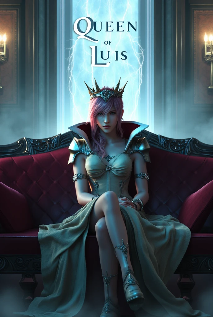 1 confident woman with floor-length pink hair, huge and big breasts, Futuristic royal costume in white with black and gold details, tall woman, blue detailed eyes, sitting on the throne of skulls , judgmental look, golden metal skulls, sovereign pose, cyberpunk queen