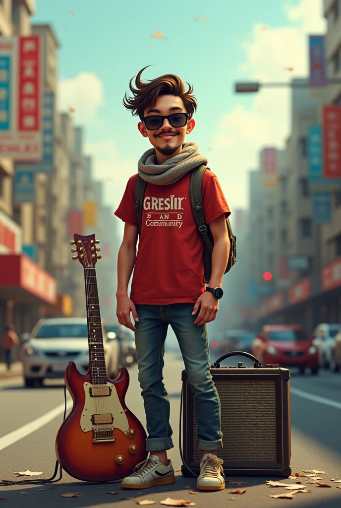 Generate an image of Generate an image of a young man in glasses against an electric guitar. disheveled hair , with a thin mustache and sideburns. wearing sunglasses. Next to him is an amplifier. background in the middle of a busy highway. He is in a red T-shirt and says "Gresik band community". PKe syal.In the style of Movie, with 9:16 aspect ratio.In the style of Cartoon, with 9:16 aspect ratio.In the style of Pop Art, with 9:16 aspect ratio.