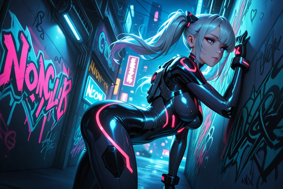 Best Quality, Masterpiece, Ultra High Resolution, (Realisticity: 1.9), Original Photo, 1Girl, Bare Shoulder, full body portrait, futuristic neon lit city at night, Movie Lighting , bangs,sexy bodysuit, large breasts, large buttocks, gamer headphones, shoulder length hair , large breasts, parted lips, metallic pink bodysuit, blue eyes, pink hair, solo, twintails,alice (masterpiece:1.4),(best quality:1.4),(shiny skin),realistic, ((luminous. She's seductively on the ground with her butt in the air and her head down. Back is facing the camera))