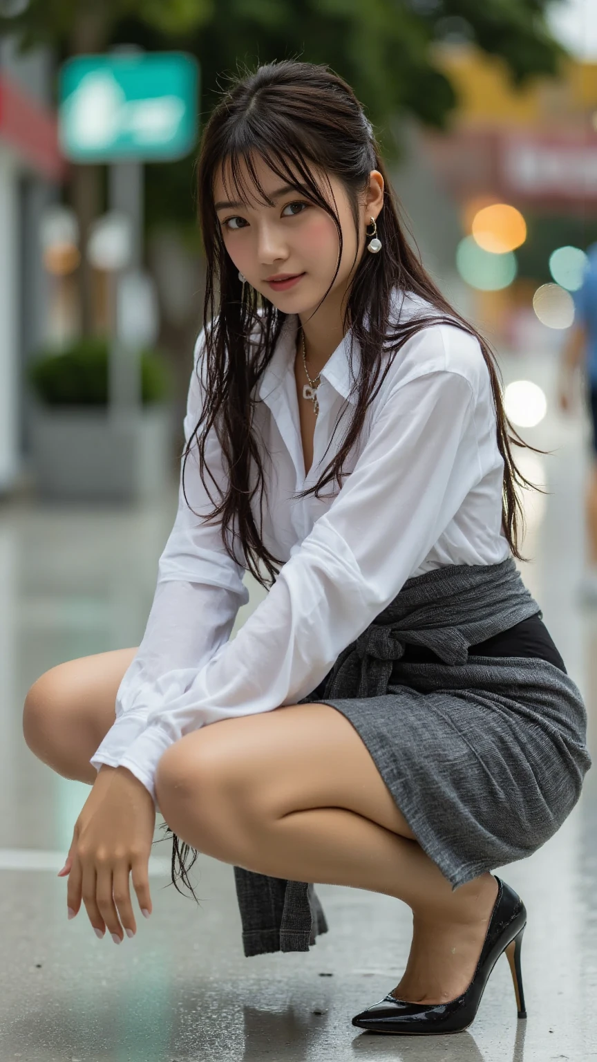 ((top quality, 8k, masterpiece: 1.3, raw photo)), Sharp Focus: 1.2, (1 aespa girl: 1.2), (Realistic, Photorealistic: 1.37), (face focus: 1.1), cute face, small breasts, flat chest, short messy hair, (wet long button white shirt, rolling up her skirt, showing white panties: 1.3), rain, Beautiful wet Woman Sitting Under Street Lamp Light, cinematic lighting
