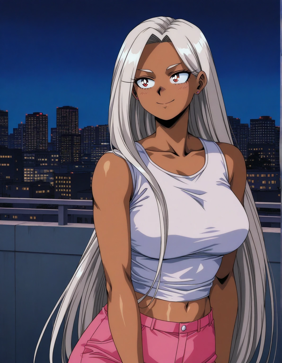 ((best quality)), ((masterpiece)), solo, 1girl, brown dark skin, white hair, black glasses, ((swept bang)), ((((hair pulled back)))), [[[forehead]]], [[[hairline]]], long hair, straight hair, black eyes, black eyebrows, , girl, large breasts, delicate beautiful face, black eyebrows, smile,
