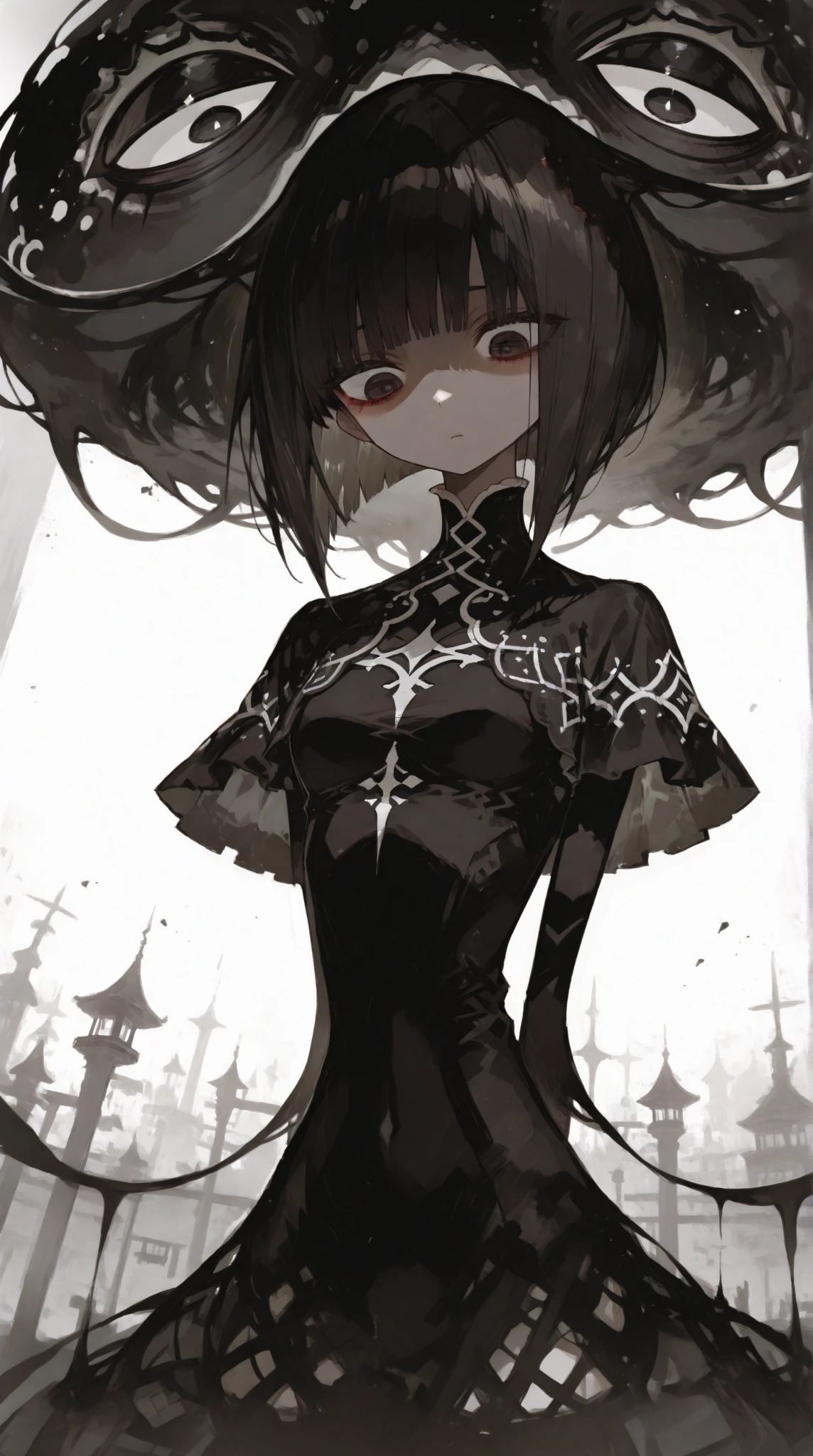 (Big Eyes, huge Strange Creature girl, black short bob, look down, Shadow Town), The Phantom of the Grand Guignol, BREAK, background\Shadow Town:1.2