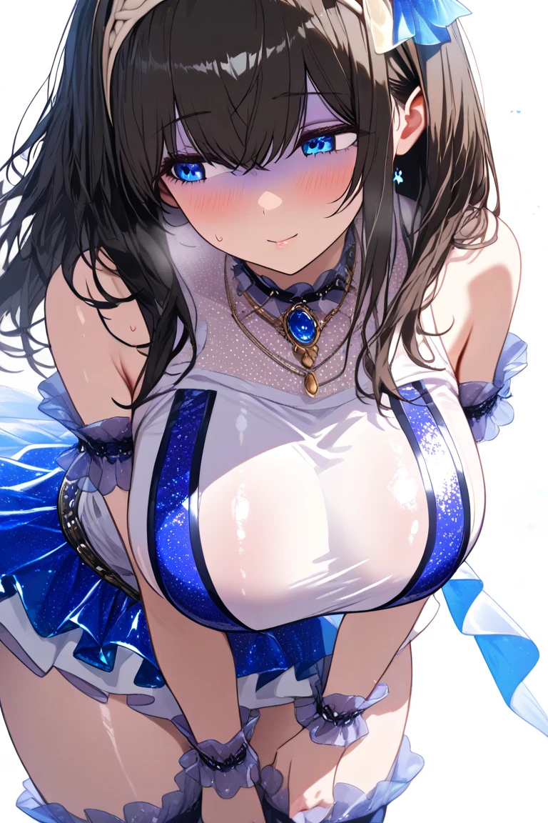 (8K, highest quality, masterpiece:1.2),(Blue colored eyes),((Clothes details)),High-definition CG Unity 8K, concentrated, Realistic, Shadow, Soft lighting, brown hair, Flutter Hair, nice, A gentle smile, High Waist Skirt,blue dress、 Blue Skirt, Long sleeve, ribbon, gloves, Choker Noble Necklace. (blush:1), (Put one hand in your panties:1.8), (Pussy juice:1.2),(White and pink panties with lots of lace:1.3), White lace bra:1.2), Sexy Underwear, Knee socks、 Beautiful big breasts, (Erect nipples:1), Her skirt is lifted up,Embarrassed look、The expression of someone who is holding back from going to the toilet, (Sexual pleasure expression:1.4), (Anguished expression:1.2)、close your eyes、Sexy appearance、Look Up、Mouth half open、??????、(Live Stage、A large audience:1.3)、whole body