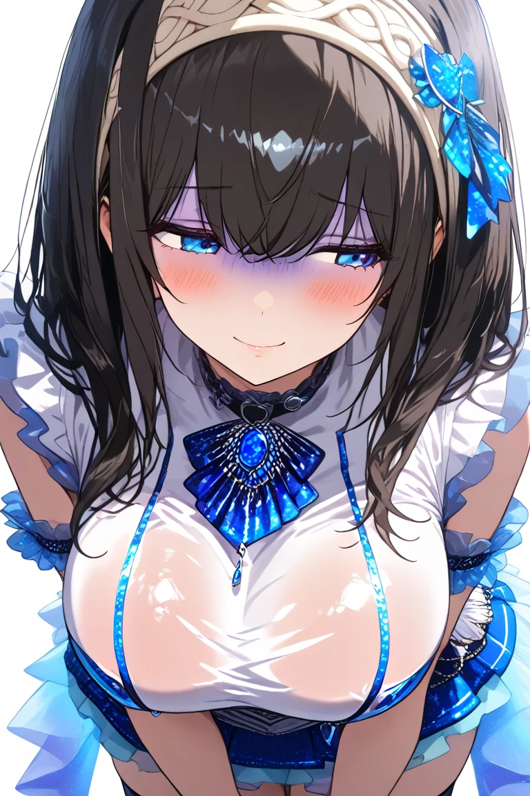 high quality, masterpiece, super detailed, 1 girl,  extremely detailed faces, Blue-white striped bikini，Maid tiara，Dance ballet,handcuffs，collar，Calm expression,Smile，handcuffs，collar，long black hair, charming pink eyes, fox ears, Ridiculously big, shiny skin, Dance room, wooden floor，Medieval town