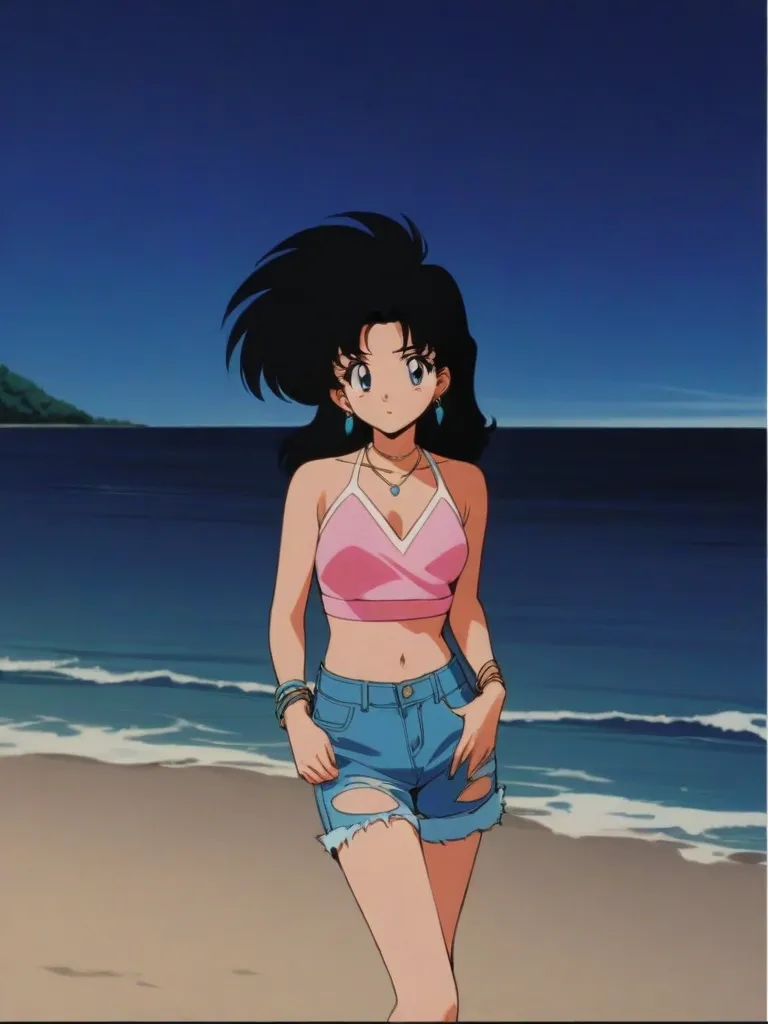 source_anime, score_9,score_8_up, score_7_up, ginedb, anime screencap, 1girl, solo, looking at viewer, smile, medium breasts, black hair, beach, ocean, bare shoulders, medium breasts, smile, sitting down on the beach, arms at sides, cowboy shot, medium hair, black eyes, spiked hair, eyelashes, masterpiece, best quality, very aesthetic, absurdres, black bikins, strapless tube top, black panty, midriff, blue skies, standing, cowboy shot,