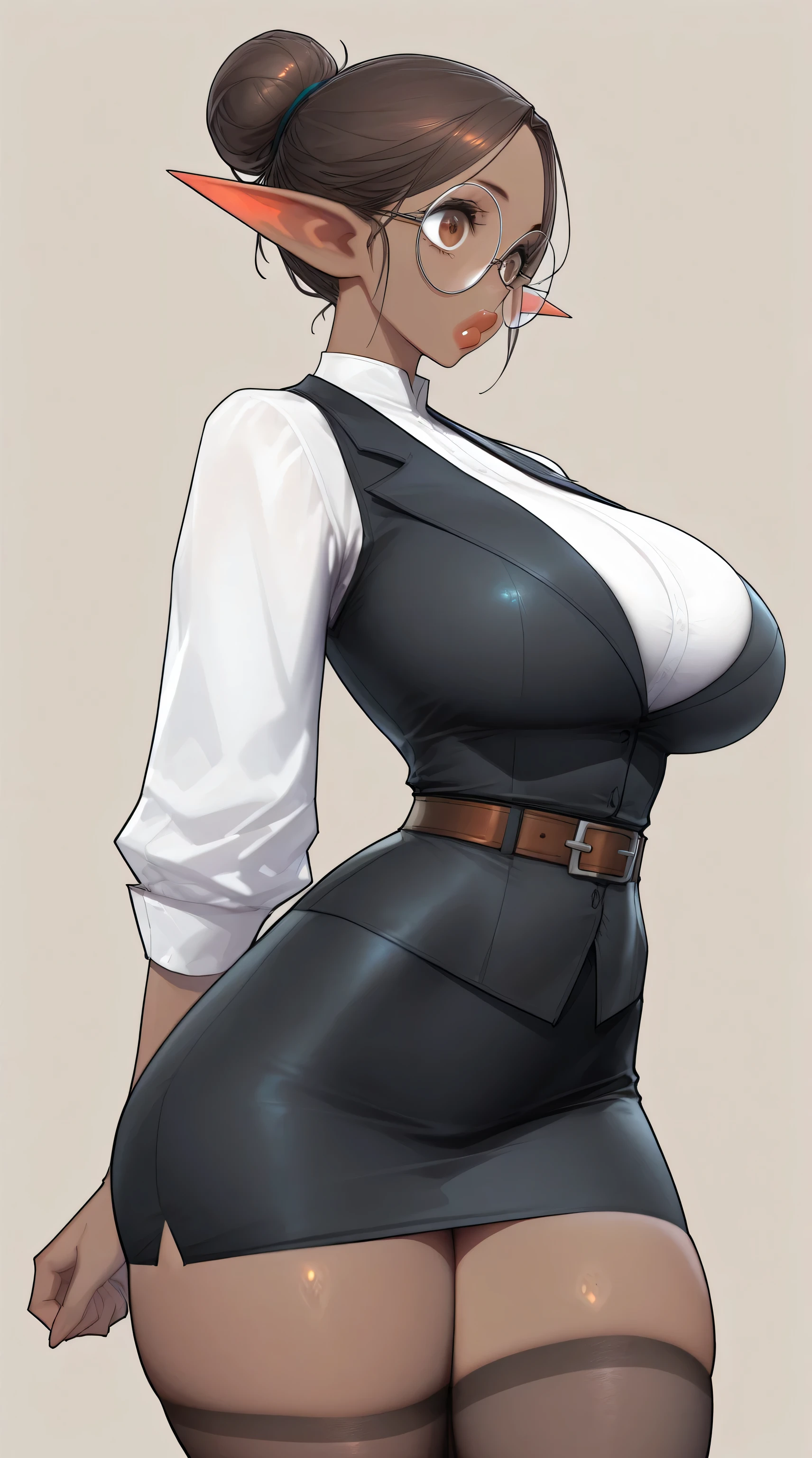 Gorgeous woman, elf, big lips, long ears, big eyes, brown eyes, hair bun, large breasts, large thighs, narrow waist, white shirt, black vest, black pencil skirt, black stockings, brown belt, round glasses, dark skin,