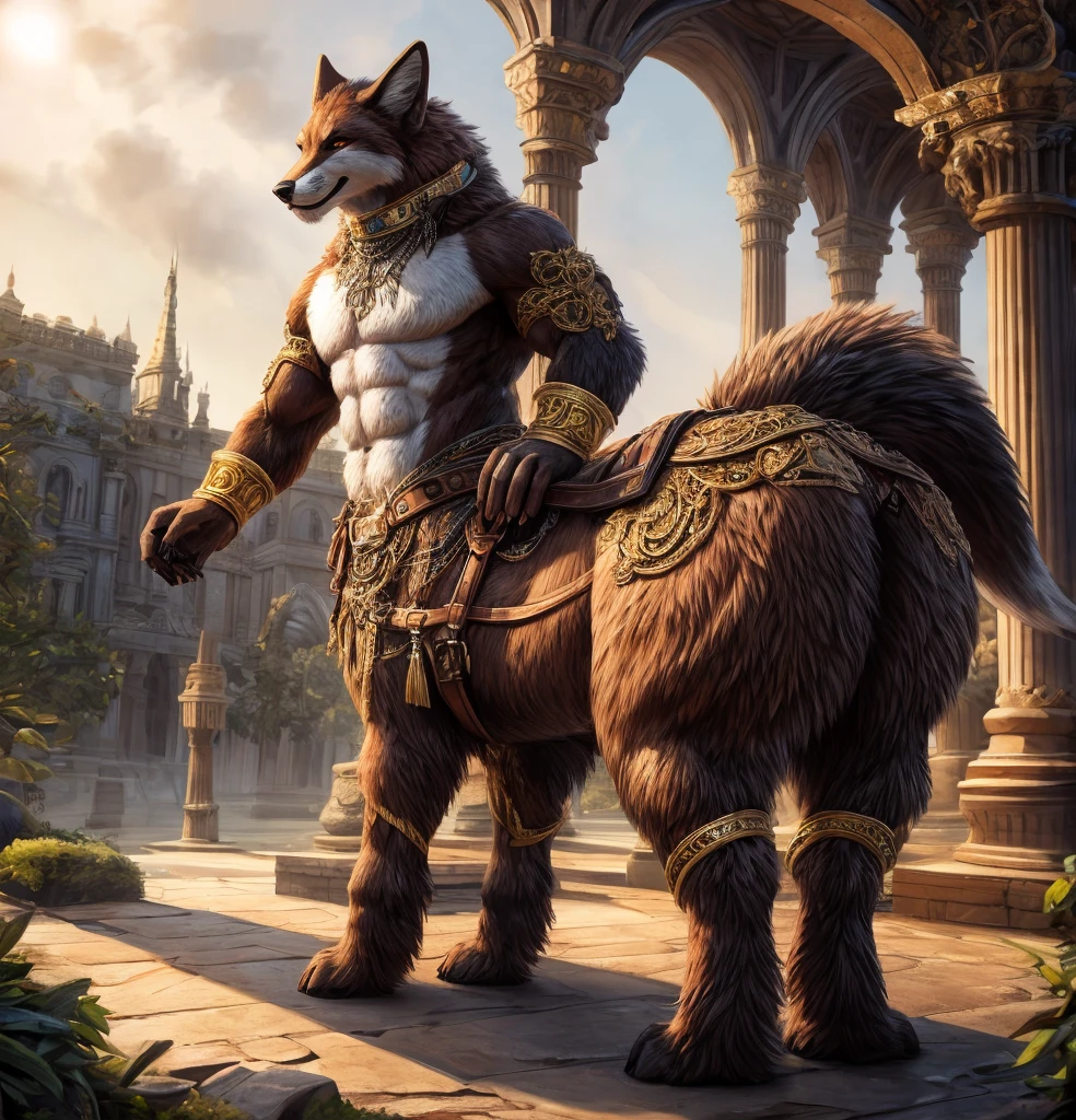 Solo, anthro, Male, black handaned maned wolf), ((intricate detail fluffy fur texture)), aged 30,tiny ears,pinup, (yellow eyes) , thick bushy eyebrows,Pink milk clusters, ((wears)), digigrade, (Tail), Handsome, Cinematic, Solo, (large muscle), (shaded), (Detailed eyes):1.2, ((busts)), Chubby,Sensual,potbelly,Shirtless,beefy pectorals,Golden armor wraps around the lower body,Holding a golden spear and shield,angry, nice bulge, detailed bulge