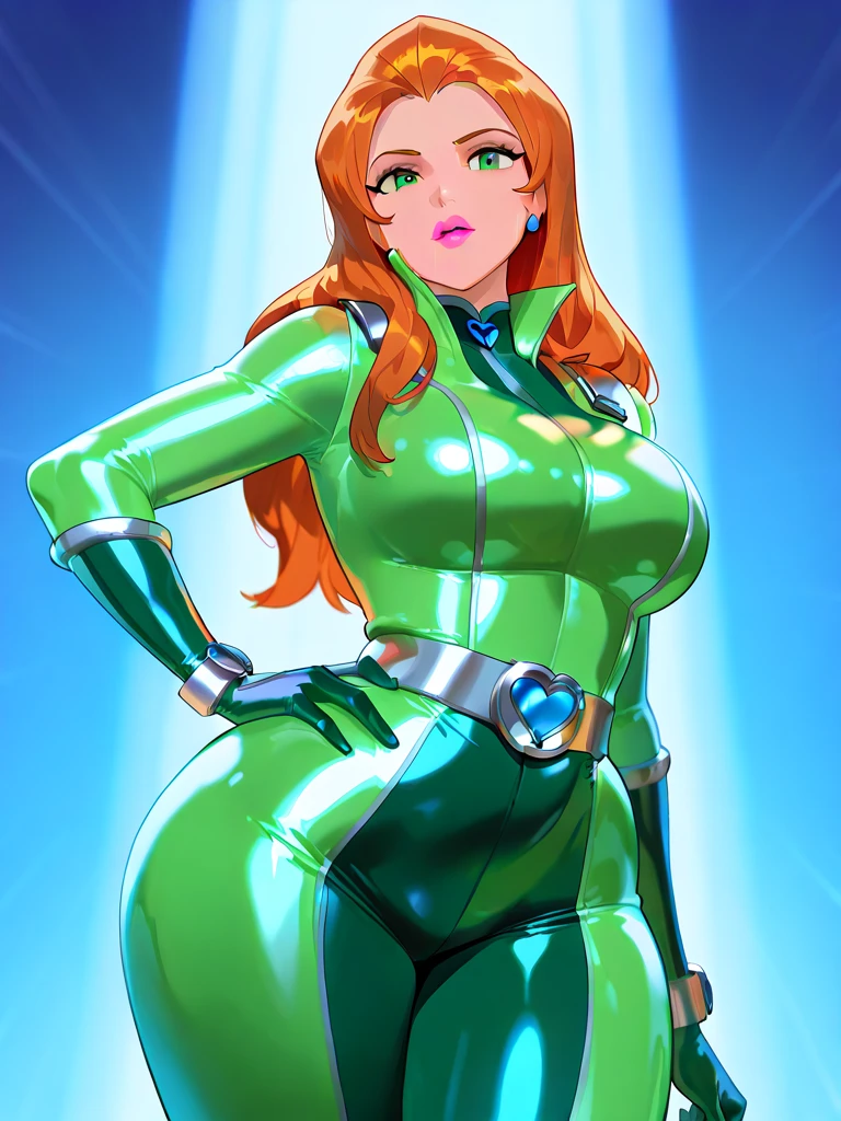 (masterpiece:1.2), (best quality:1.2), perfect eyes, perfect face, perfect lighting, 1girl, mature female wearing sexy_scifi, red hair, (tight black and green) space suit, cleavage, silver, blue, thick eyelashes, makeup, shiny lipstick, eye shadow, scifi, detailed space background <lora:astrobabes_v10:0.7>