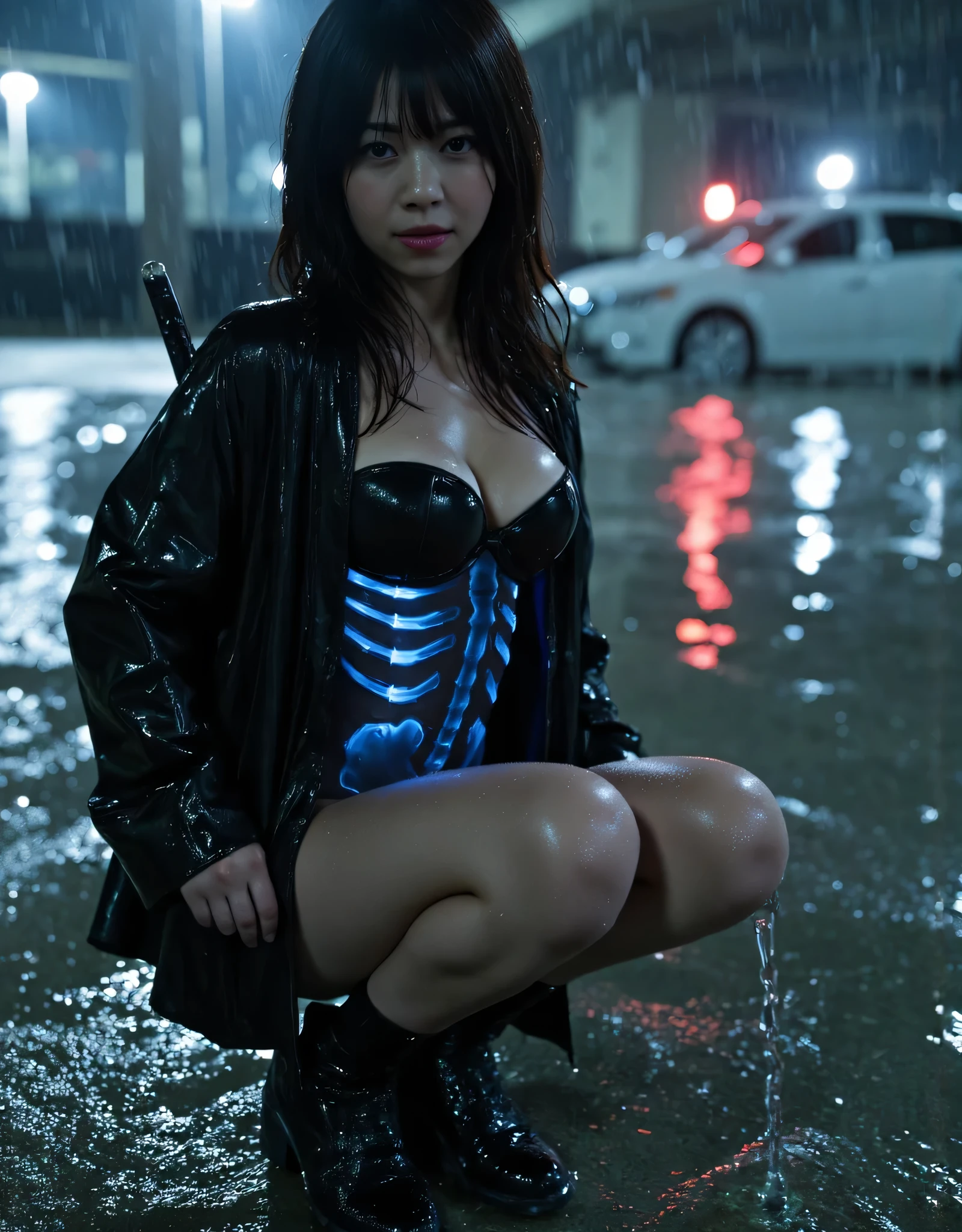 (((Harbor on a downpour night:2.0))),(((HR Gigger style cyberpunk atmosphere:2.0))),(((Hold a cyberpunk-style Japanese sword:2.0))),(( squat with your crotch wide open:2.0)),side view from the back,Side pose,((Looking back and looking at the camera:2.0)),((look back over my shoulder:2.0)),(Rear View:1.7),straddle,one woman,(cute face:1.7),(Beautiful well-balanced face :1.5),((long hair with bangs:2.0)),(black hair:1.5),(Beautiful Eyes:1.3),20-year-old Japanese woman wearing bright red paint all over her head,Beautiful slender body,((model body type:2.0)),((slim body:1.7)),Perfect Body Line,Ideal Proportions,((big breasts:2.0)),((スリーサイズ90-58-86:3.0)),((G Cup Breasts:1.5)),Big Breasts,Bare thighs,Sensual Thighs,delicate body,(succulent:1.7),(drenched:1.7),natural posture,((toned, beautiful butts:2.0)),((cute ass:2.0)),carefully depicts limbs based on perfect anatomy,((Super high-leg leotard that is translucent black and glows with LEDs:2.0)),(((super high-leg leotard made of form-fitting glass:2.0))),((Military coat-style black kimono with an open back over a leotard:2.0)),(((Clear blue LED skeleton:2.0))),((Tactical Holster:2,0)),(gloves:1.3),concept art,(Best Quality:1.5),(masterpiece:1.5),(超高resolution),resolution,UHD,(Delicate Description), carefully drawn with butterfly wings ,32k,((realistic skin texture that shows through the whole body:1.5)),(((super realistic:1.5))),carefully draw eyelashes,very detailed face,Highly detailed female hand, Sexy appearance ,very sensual,(Blurry Dim Backgrounds :1.5),Professional Photography,(movie lights:2.0),((Blade Runner style lighting:2.0))