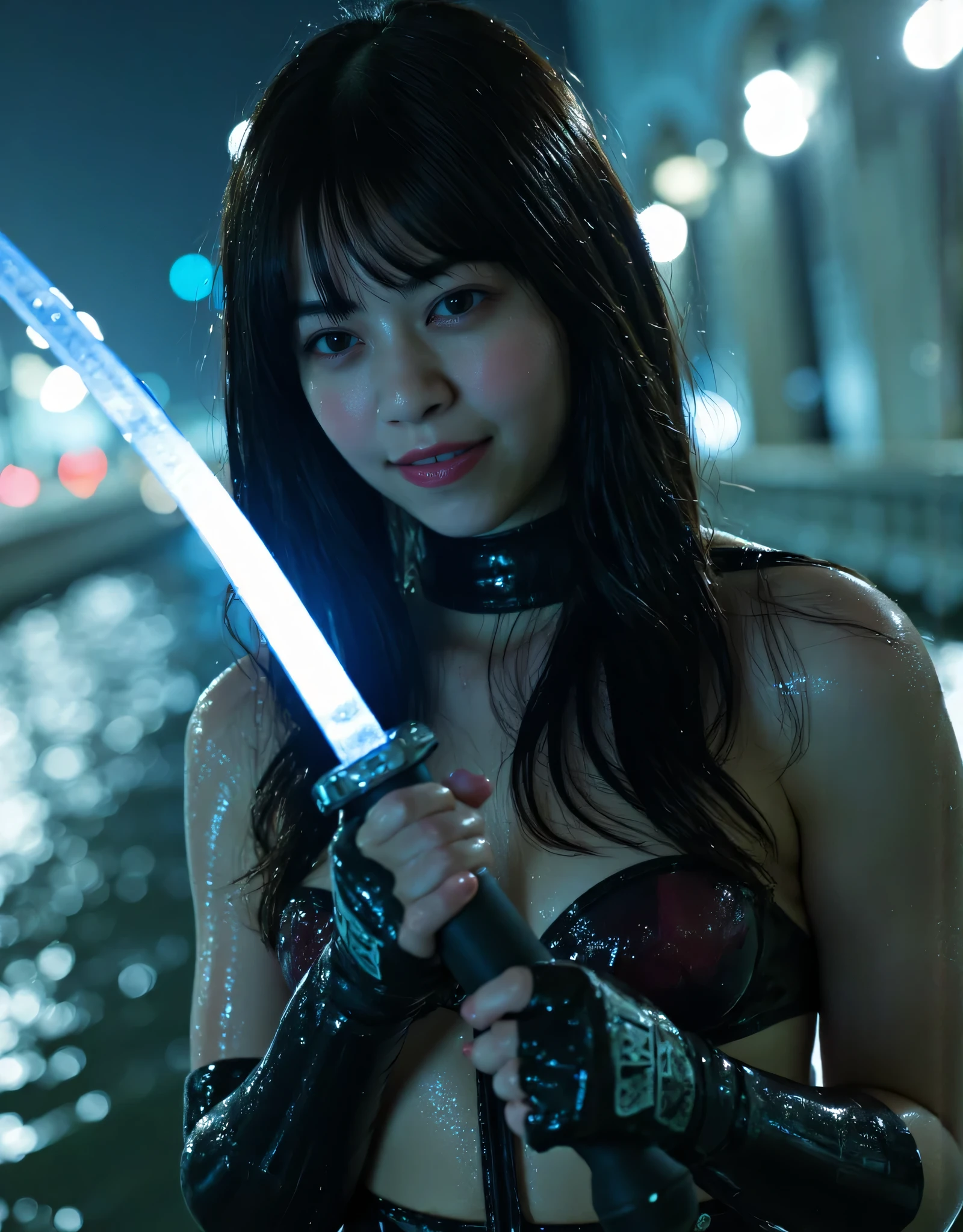 (((Harbor on a downpour night:2.0))),(((HR Gigger style cyberpunk atmosphere:2.0))),(((Hold a cyberpunk-style Japanese sword:2.0))),(( squat with your crotch wide open:2.0)),side view from the back,Side pose,((Looking back and looking at the camera:2.0)),((look back over my shoulder:2.0)),(Rear View:1.7),straddle,one woman,(cute face:1.7),(Beautiful well-balanced face :1.5),((long hair with bangs:2.0)),(black hair:1.5),(Beautiful Eyes:1.3),20-year-old Japanese woman wearing bright red paint all over her head,Beautiful slender body,((model body type:2.0)),((slim body:1.7)),Perfect Body Line,Ideal Proportions,((big breasts:2.0)),((スリーサイズ90-58-86:3.0)),((G Cup Breasts:1.5)),Big Breasts,Bare thighs,Sensual Thighs,delicate body,(succulent:1.7),(drenched:1.7),natural posture,((toned, beautiful butts:2.0)),((cute ass:2.0)),carefully depicts limbs based on perfect anatomy,((Super high-leg leotard that is translucent black and glows with LEDs:2.0)),(((super high-leg leotard made of form-fitting glass:2.0))),((Military coat-style black kimono with an open back over a leotard:2.0)),(((Clear blue LED skeleton:2.0))),((Tactical Holster:2,0)),(gloves:1.3),concept art,(Best Quality:1.5),(masterpiece:1.5),(超高resolution),resolution,UHD,(Delicate Description), carefully drawn with butterfly wings ,32k,((realistic skin texture that shows through the whole body:1.5)),(((super realistic:1.5))),carefully draw eyelashes,very detailed face,Highly detailed female hand, Sexy appearance ,very sensual,(Blurry Dim Backgrounds :1.5),Professional Photography,(movie lights:2.0),((Blade Runner style lighting:2.0))