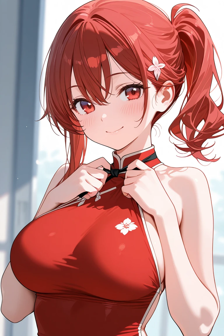 ​masterpiece、ighly detailed、(1 girl in:1.2)、Red hair、big eye、(((a closeup)))、A smile、8K、short-hair、(((anime styled)))、(((2D)))、Red Eyes、Open your mouth、(((qipao dress)))、(((Colossal tits)))、Chinese Big