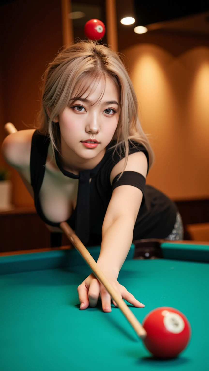 (Best Quality,8K,hight resolution,masuter piece:1.2),Ultra-detailed,Realistic:1.37,Portrait,Dynamic Angle,(Female billiards players) ,Teenage girl,small head,Cute,Sporty,Charming face,Detailed beauty face,Very realistic skin,Wet skin,Sweat,Large breasts,Narrow waist,nice legs ,Sporty,Billiards Venues　,Cinematic lighting,
