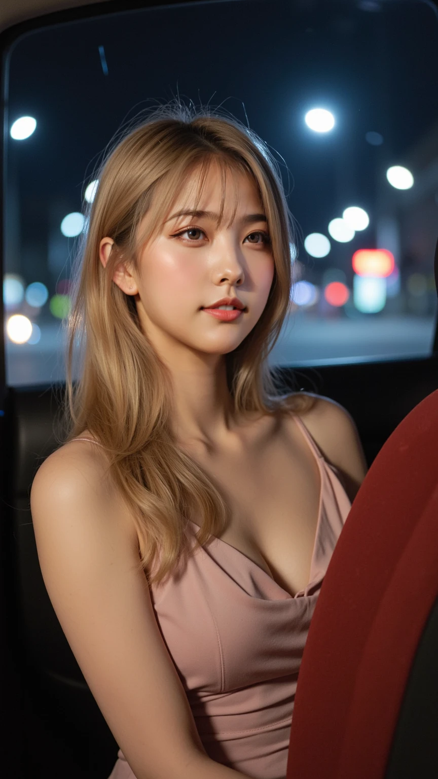 Masutepiece、Highest Quality Score、hight resolution, 18 Jahre alt, . Girl with beautiful bust. blonde hair, in front of porsche, night sky, tight streat wear,