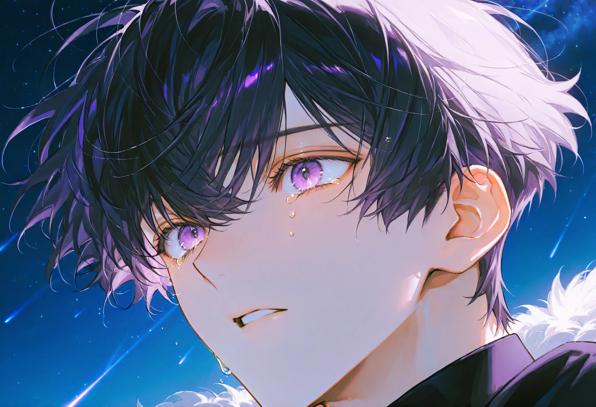 1 boy , [Handsome guy, pretty face , short hair, Fluffy hair,Bangs, purple eyes , close up ,The character in the painting , score _8, face、Hair, Best Quality、surprise、tears、teardrop、Shiny Eyes、Night Sky、meteor、 Shiny hair 、Starlight
